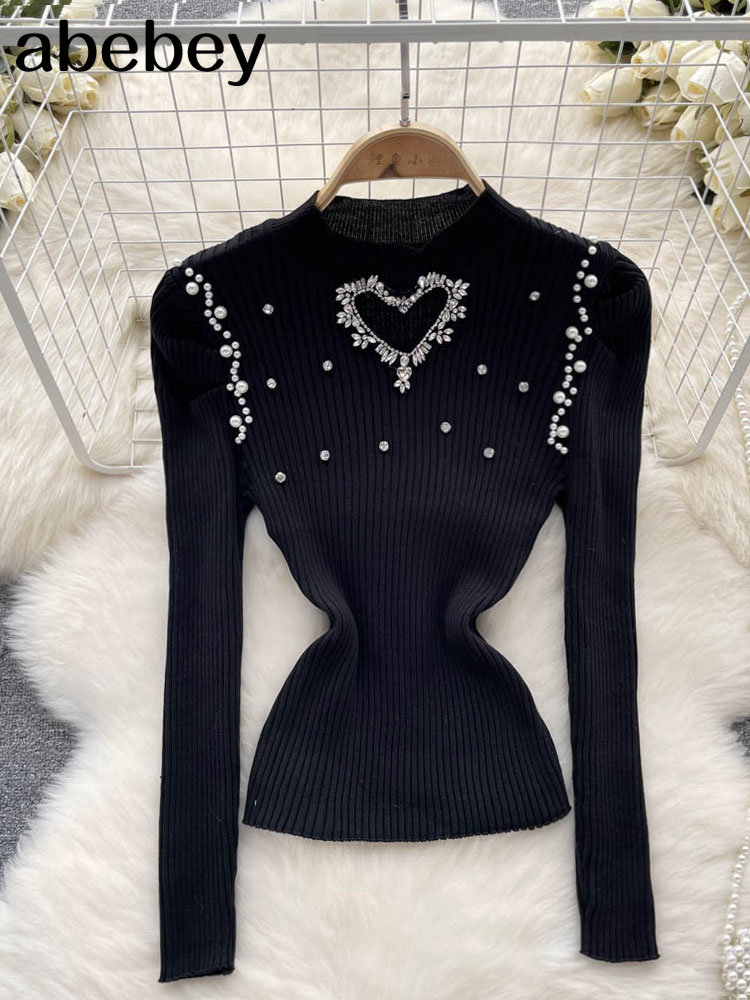 inverno elegante diamante pérola miçangas curto pulôver camisola moda elástica malha puff manga longa malhas