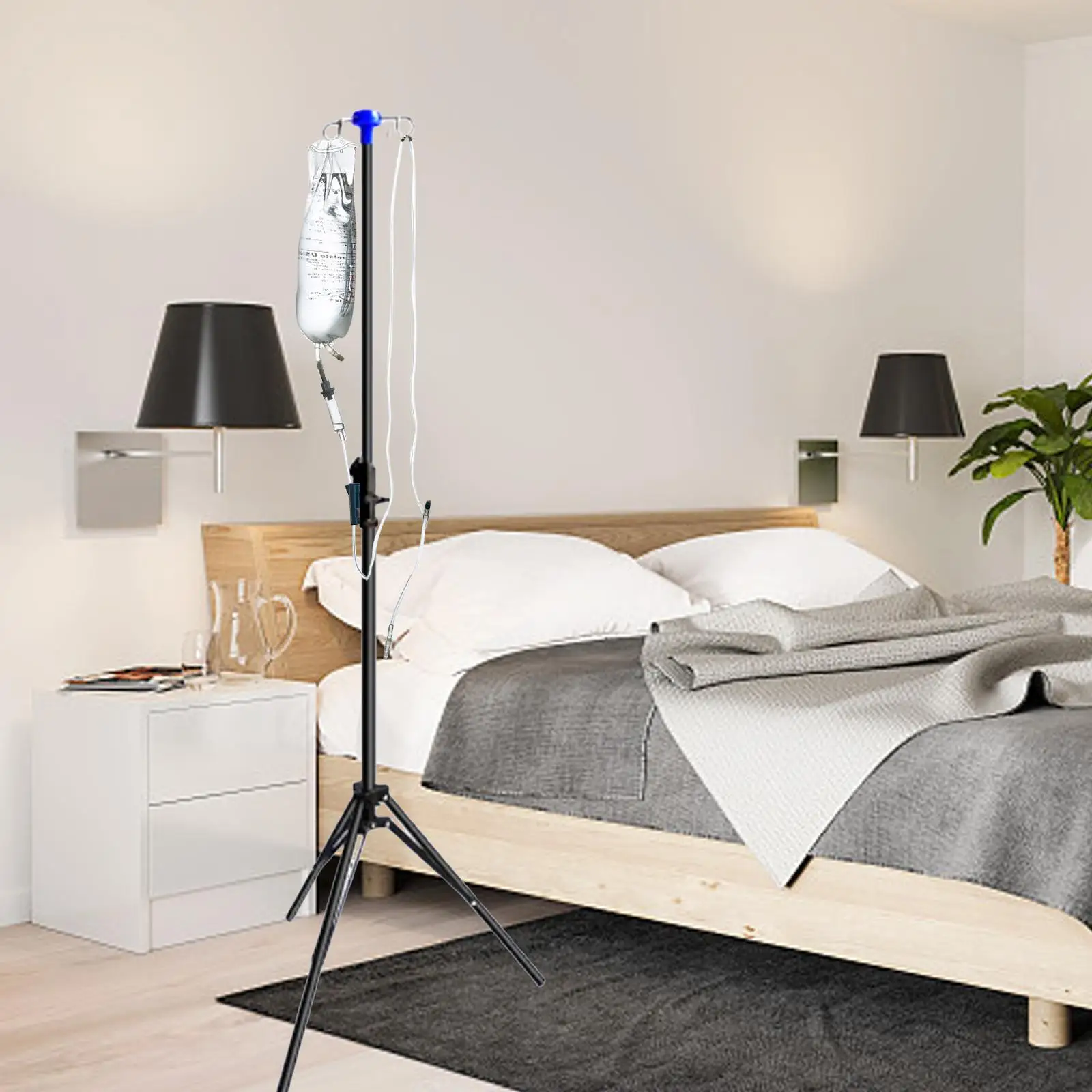 Infusion Stand 75cm-210cm Adjustable Metal Fixed Base Collapsible with 4 Hook 3 Legs IV Stand for Home Care Beds Service Centers