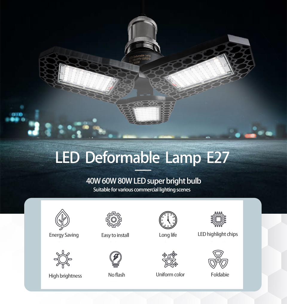 1/2pcs LED Deformable Bulb E27 Led Lamp Super Bright 40W 60W 80W Garage Light AC 85-265V Deform Light for Warehouse Factory Gym