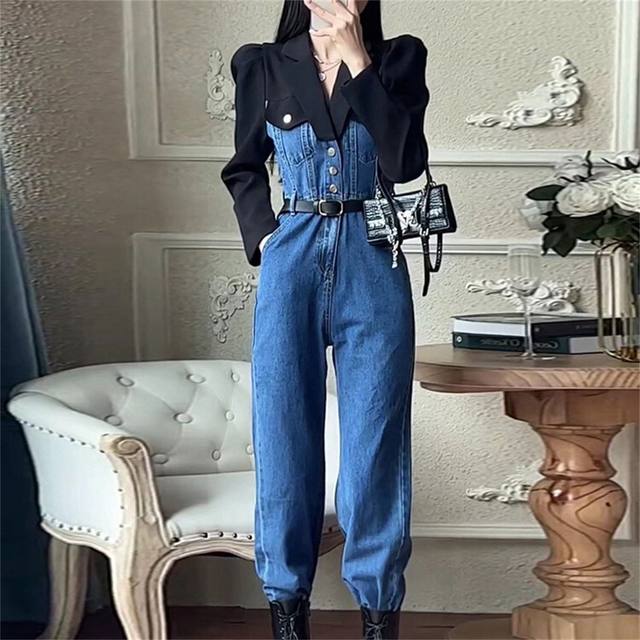 Fashion Splice Denim Jumpsuit Women Streetwear Hip Hop Slim Long Sleeve  Belt One Piece Jeans Wide Leg Overalls Rompers Set 2819