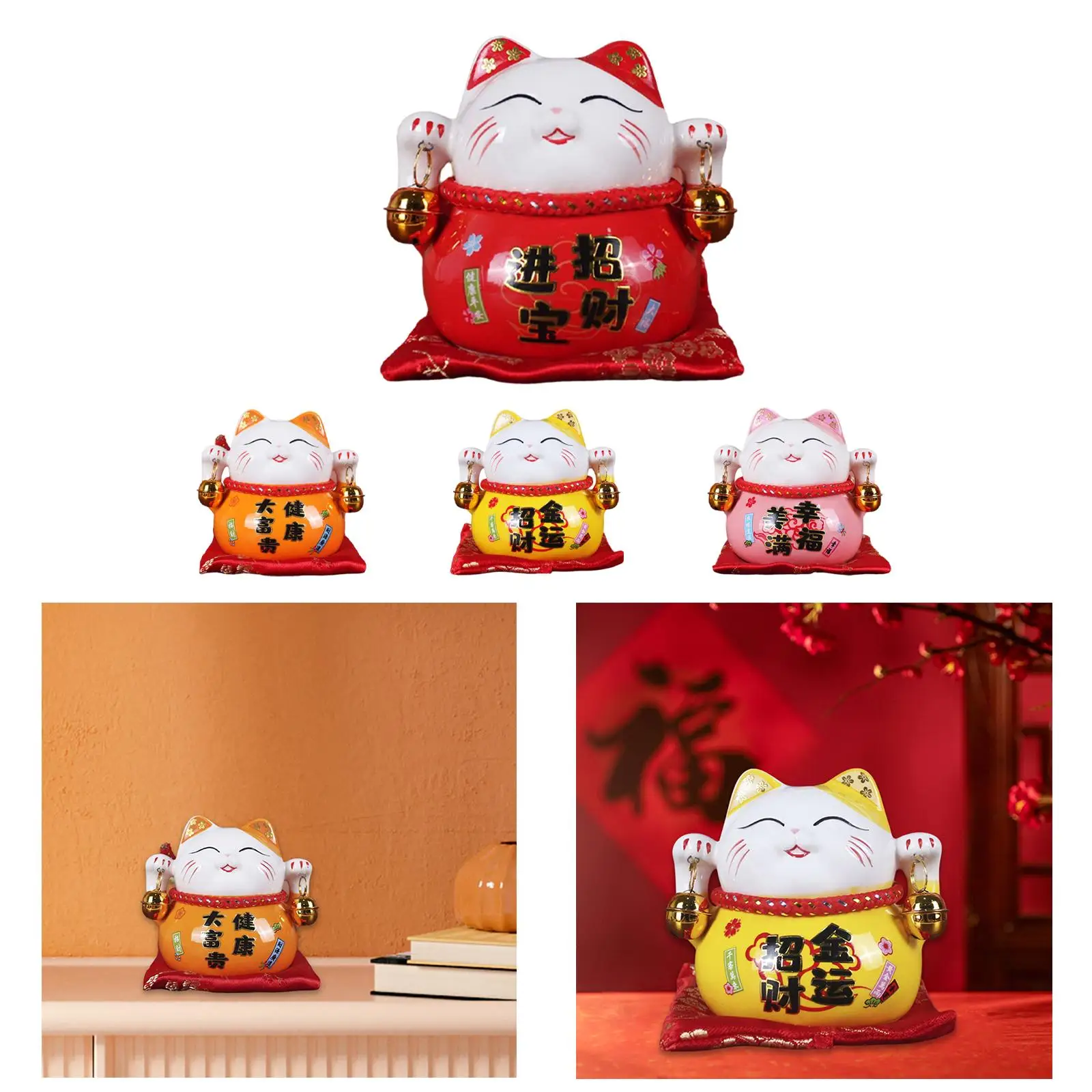 Cute Lucky Cat Money Bank Animal Statue with Two Bells Money Saving Pot Jar Craft Change Container for Business Gifts Tabletop