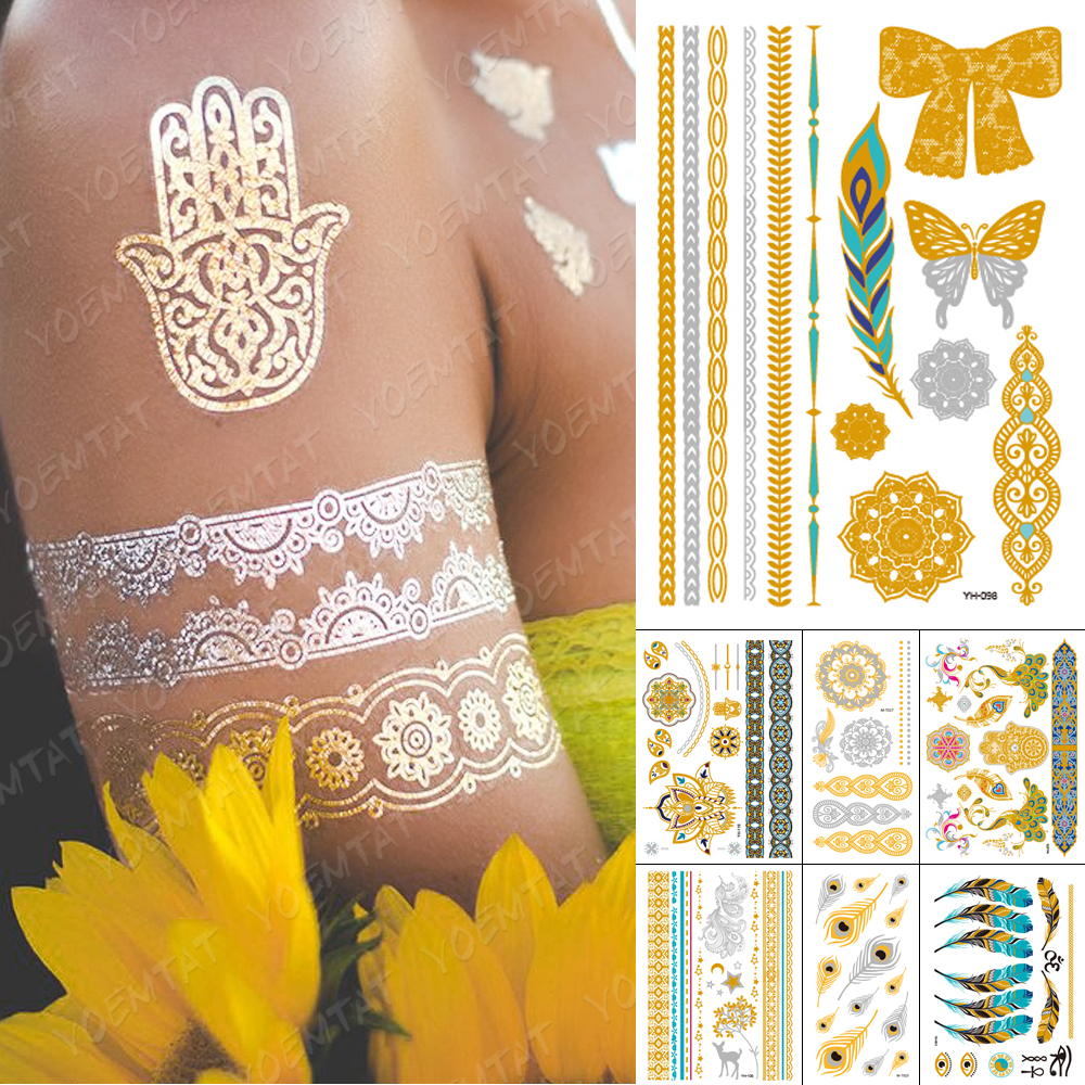 Best of Waterproof Temporary Tattoo Sticker Henna India Peacock Feather Gold Silver Metallic Festival Flash Tatoo Boho Glitter Body Art Reviews & Tips