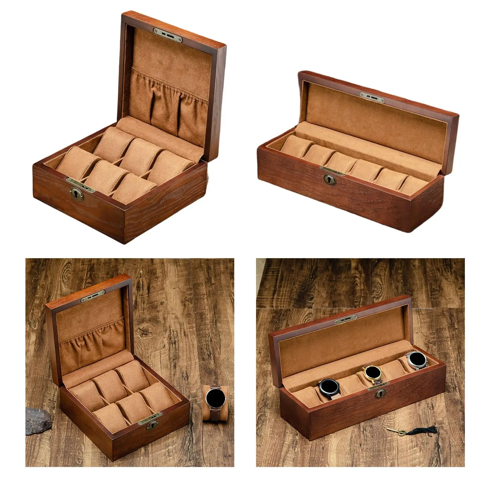 6 Slot Wood Watch Box with Removable Watch Pillow Sturdy Hinges Lockable Watch Display case Holder Showcase Birthday Gift