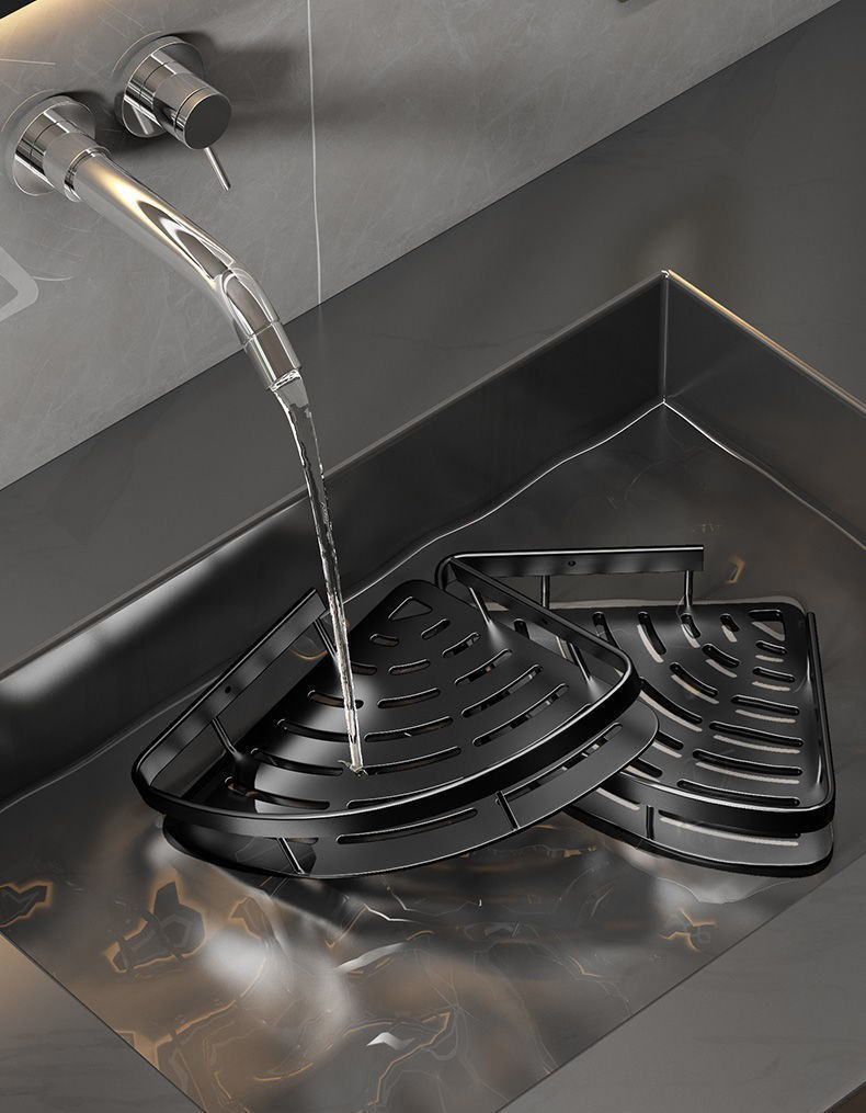 Water drainage from bathroom corner shelf with raised wire grid