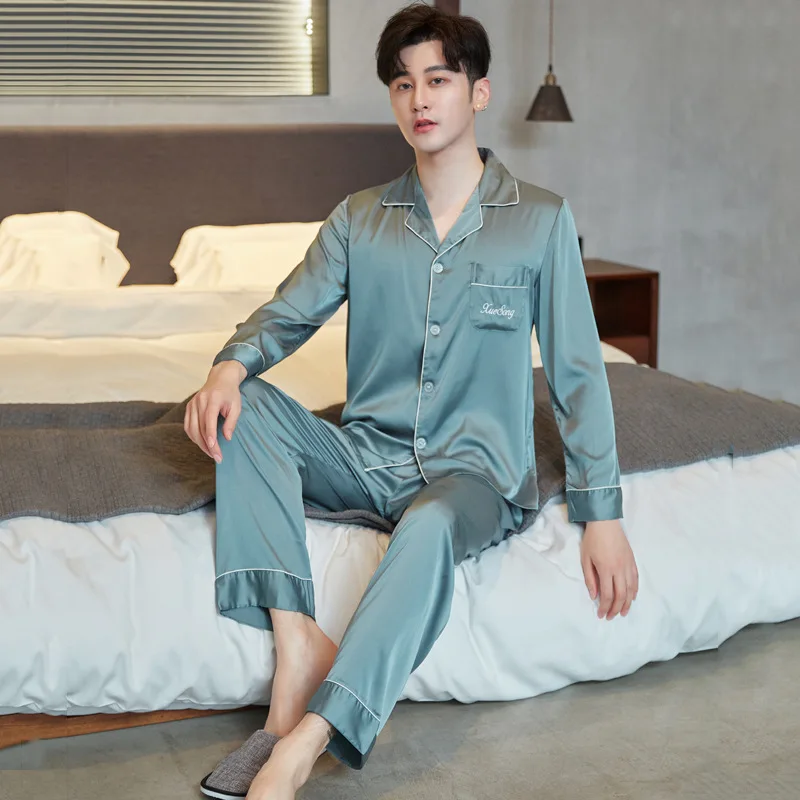 Ice Silk Men's Pajamas Long-sleeved Cardigan Lapel Suit Large Size Loose Home Clothes Summer Spring Sleepwear Set mens sleepwear set