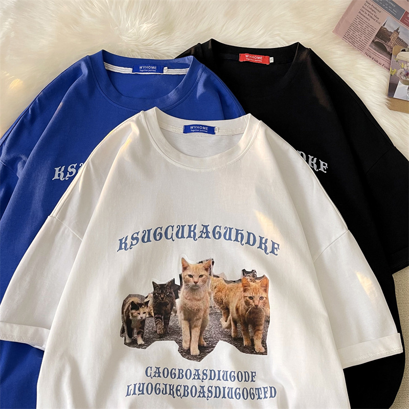 Vintage Female Cat Print T Shirt Summer New Youth Trend Short-sleeved T-shirt Men Clothing Haruku Punk T-shirt Oversized238_voghion.com