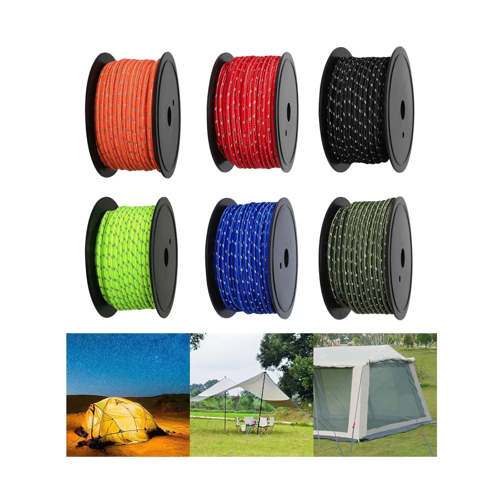 Camping 30M 6mm Reflective Tent Rope Guylines High Tensile Strength Multifunction Solid Braid Weather Resistant Glow in The Dark