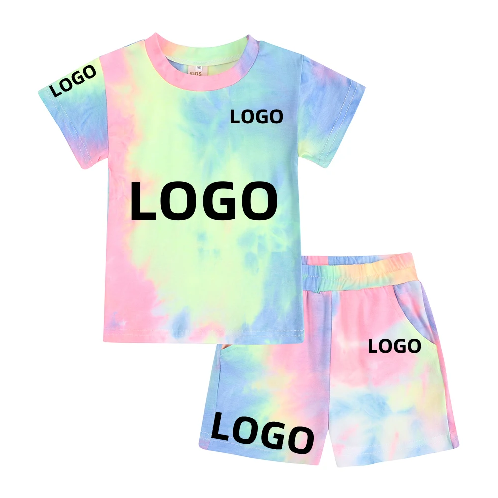 Little Girls Boys Tie-Dye Clothes Add Text Image Custom Personalized Sweatshirt Top+Elastic Waist Shorts Kids Loungewear Outfits athletic clothing sets	