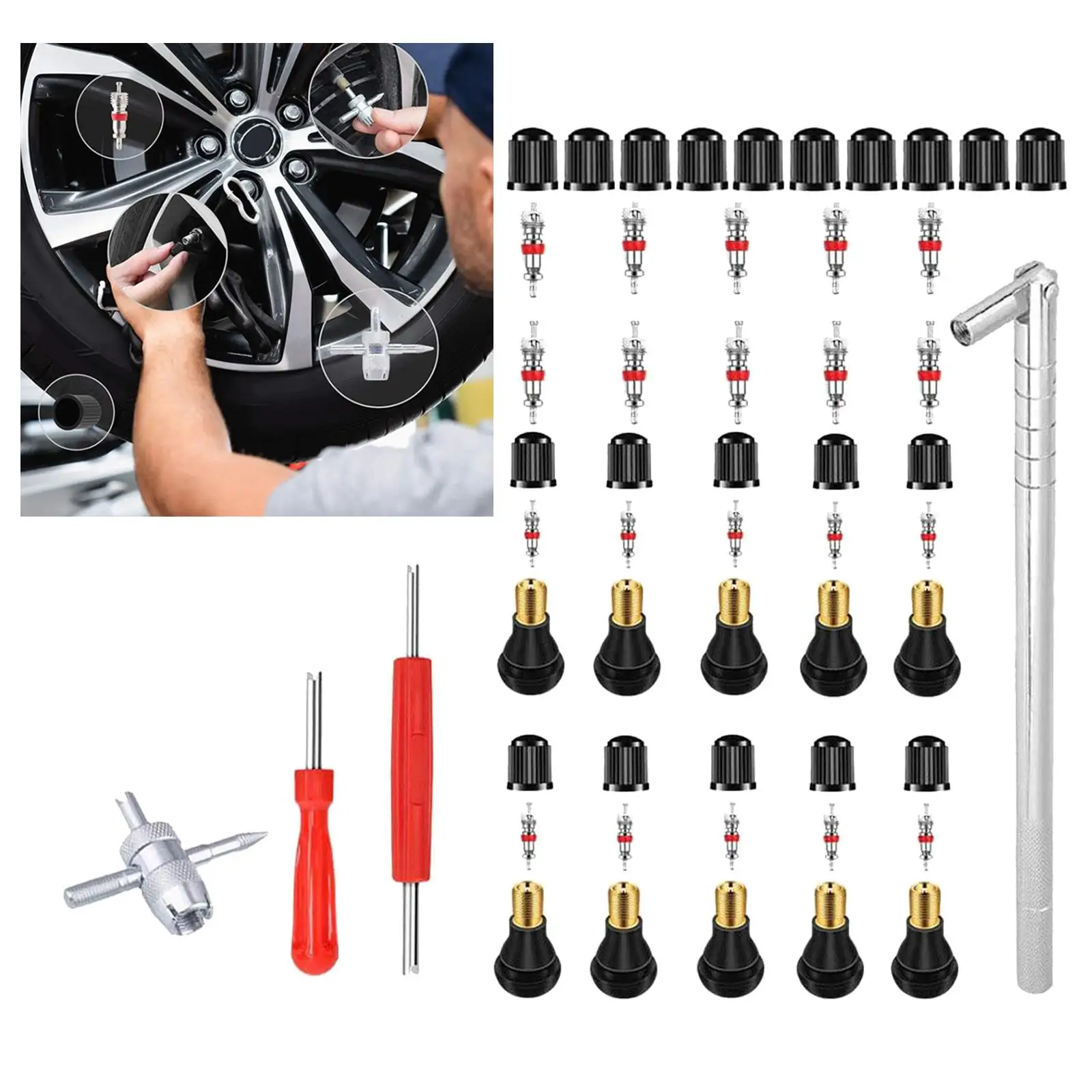 Car Tire Repair Tool Kit Valve Stem Cores 4 Way Valve Tool for Vehicle