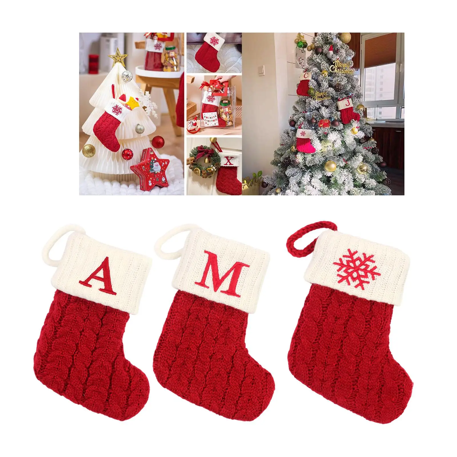 Hanging Christmas Stocking Knit Sock Floral Candy Gift Bag Crochet Cable Knit Christmas Stockings for Xmas Tree Home Decoration