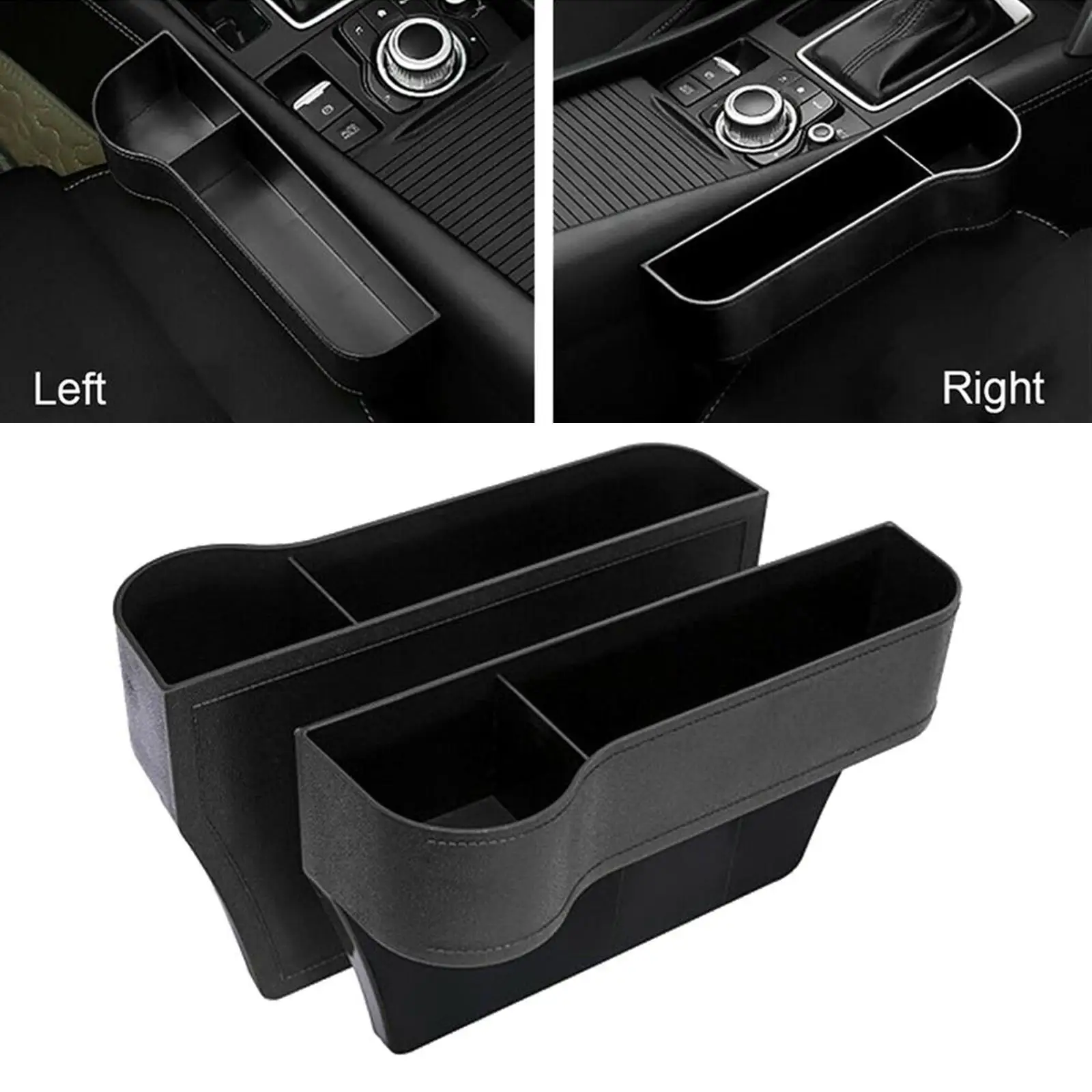 2Pcs Auto Car Seat Gap Catcher Between Seats Organiser Pocket w/Cup Holder for Cellphone Wallet Keys Black