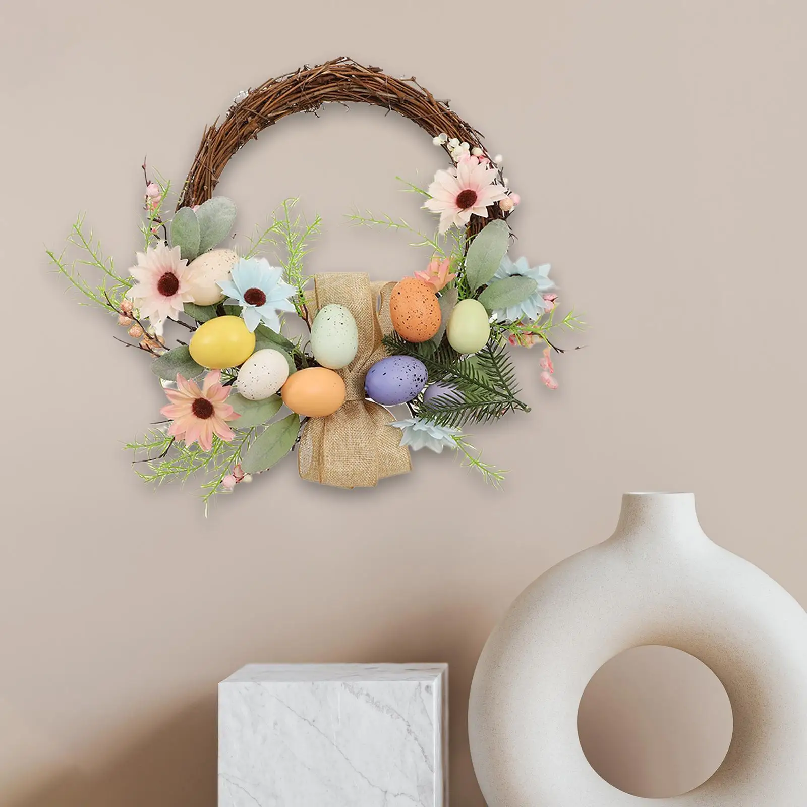 16inch Easter Wreath Photo Prop Ornament Greenery Leaves Easter Decorations Wall Artificial Flower Garland for Front Door Window