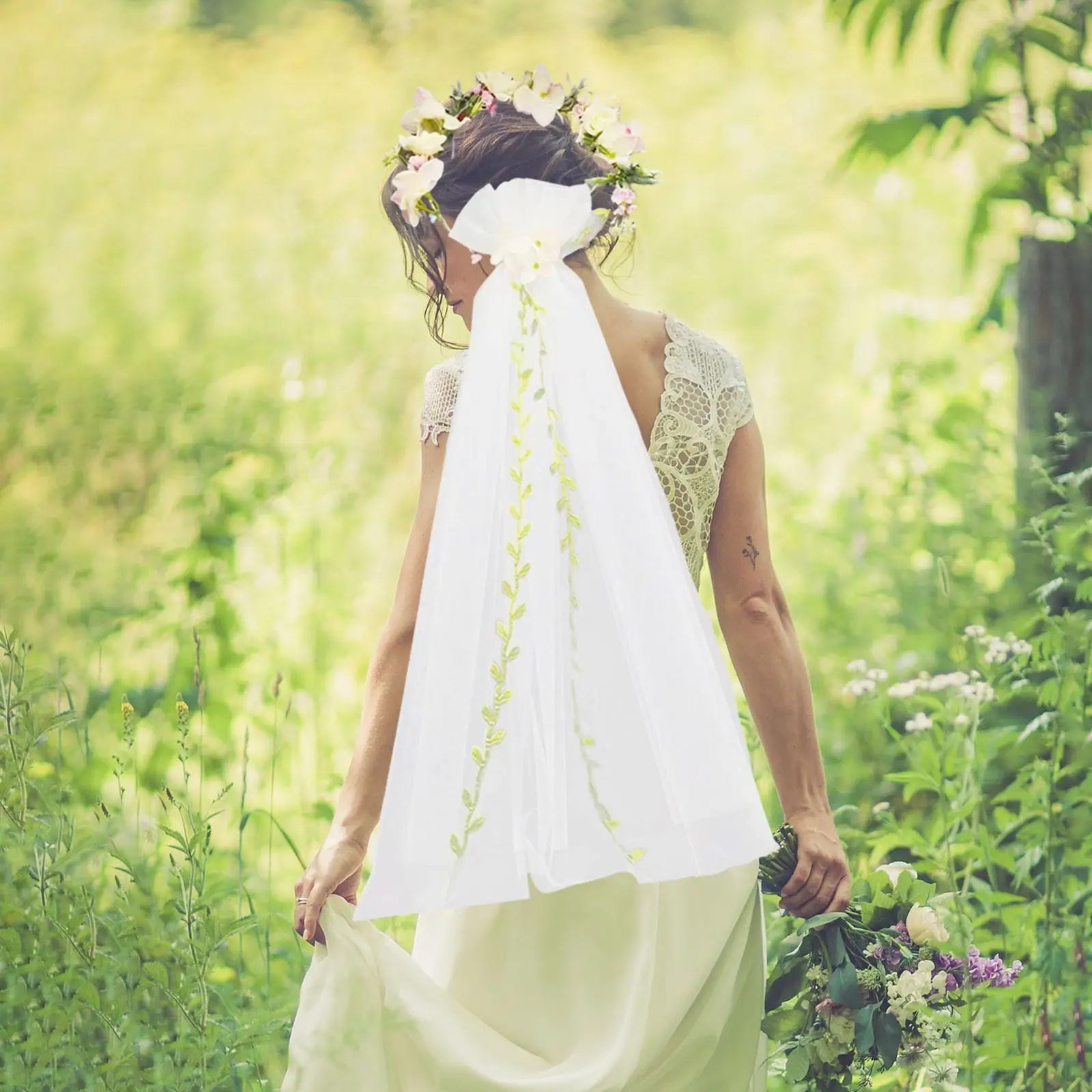 Floral Garland Veil Boho Wedding Bridal Veil Flower Crown Floral Headband for Women Girls Seaside Engagement Party Bridal Shower