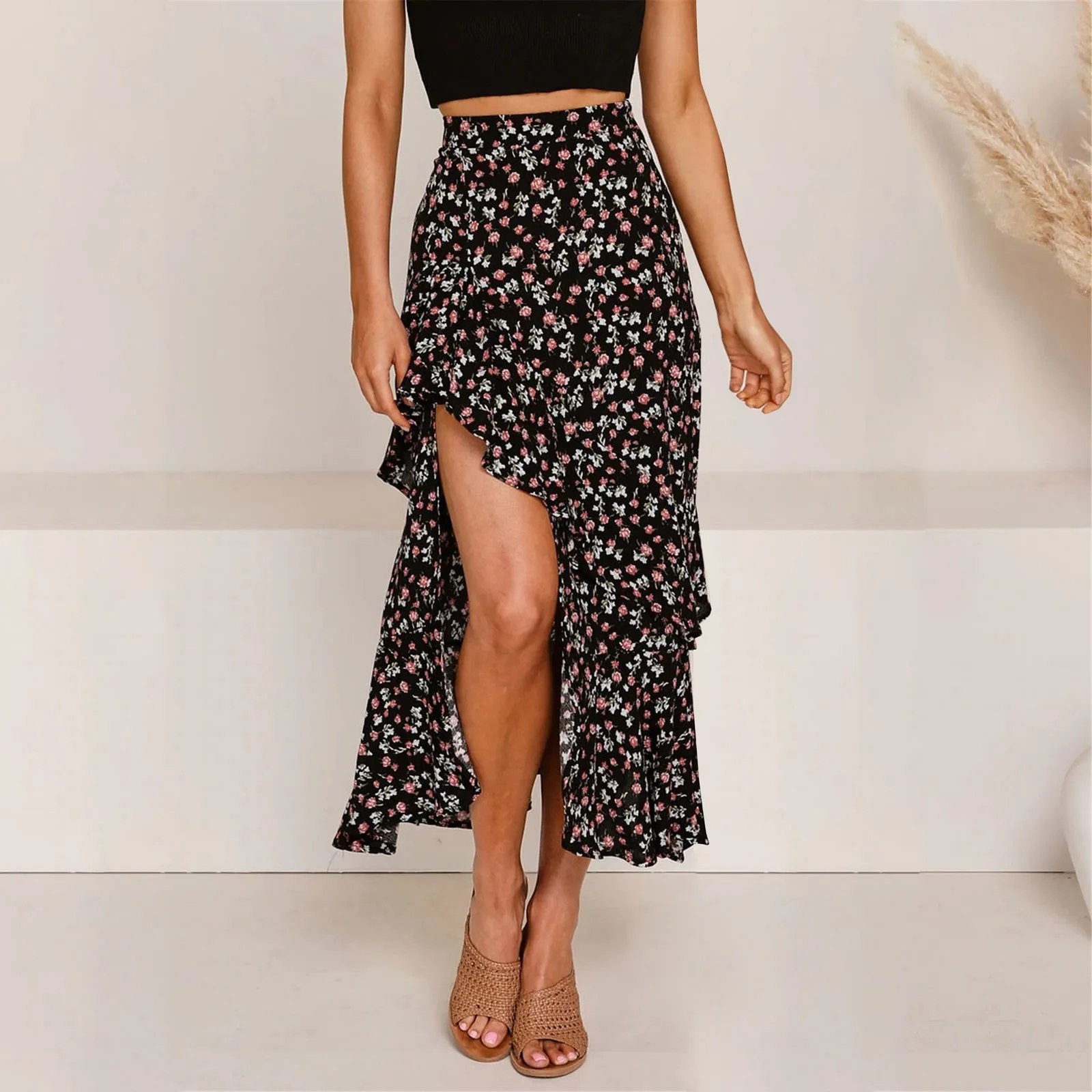 Falda larga atlética de verano para mujer, con estampado floral bohemio,  falda larga con cintura elástica y abertura