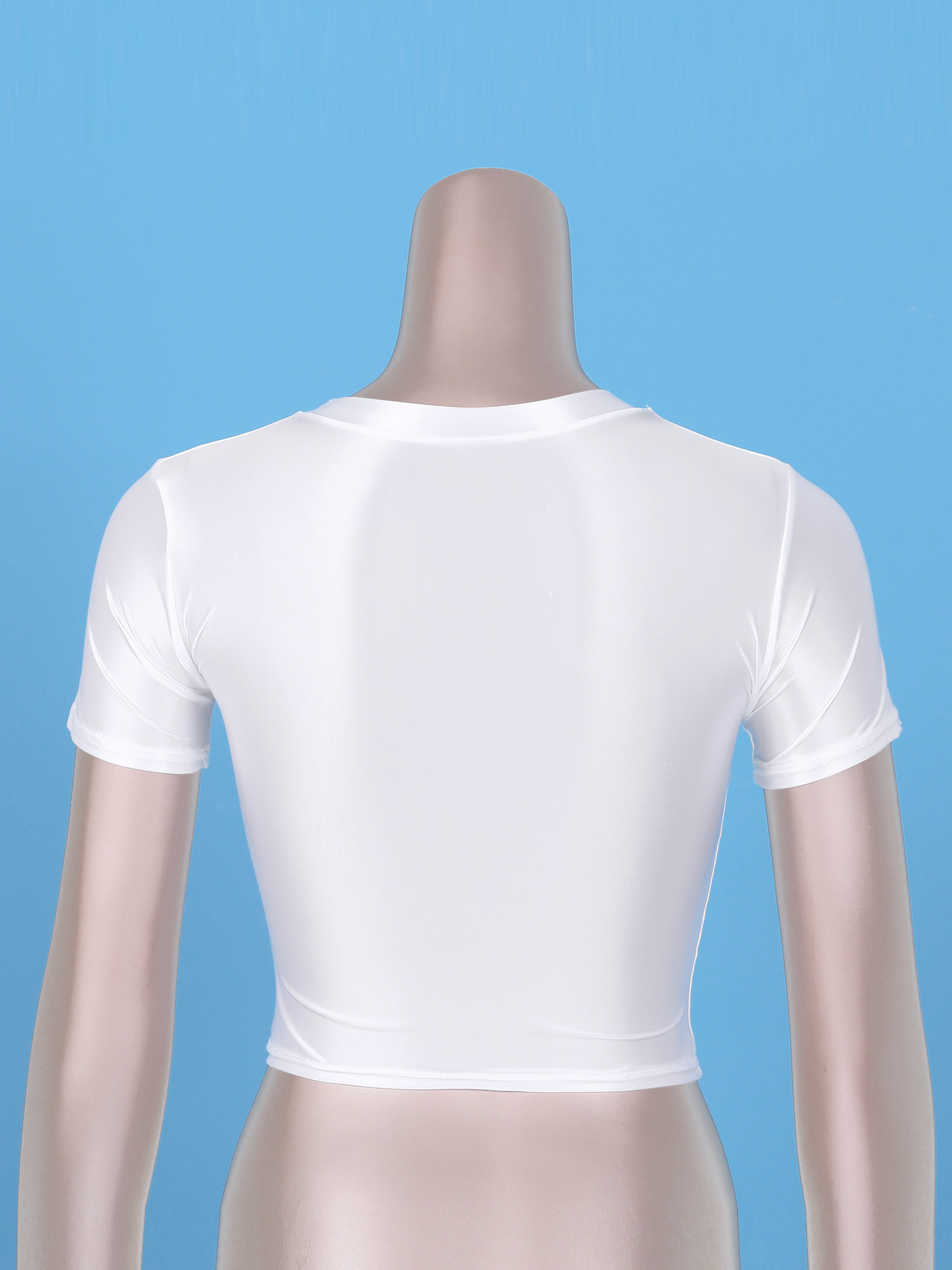 Glänzendes, kurzärmliges Crop-Top für Damen, einfarbig, Rundhalsausschnitt, schmale Passform, glattes, dehnbares Tanktop, Yoga-Sportbekleidung, Badebekleidung – Detail 11