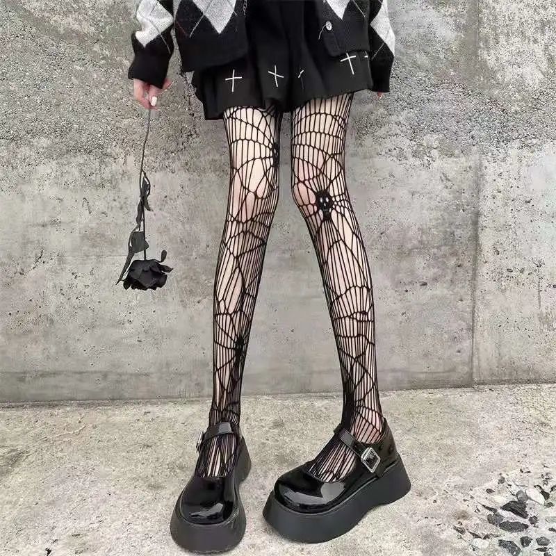 Gothic Dark Girls Skull Hollow Out Strumpfhosen Punk Frauen Sexy Fishnet Schwarze Strümpfe Goth Lolita Nylon Spider Web Mesh Strumpfhosen – Detail 1