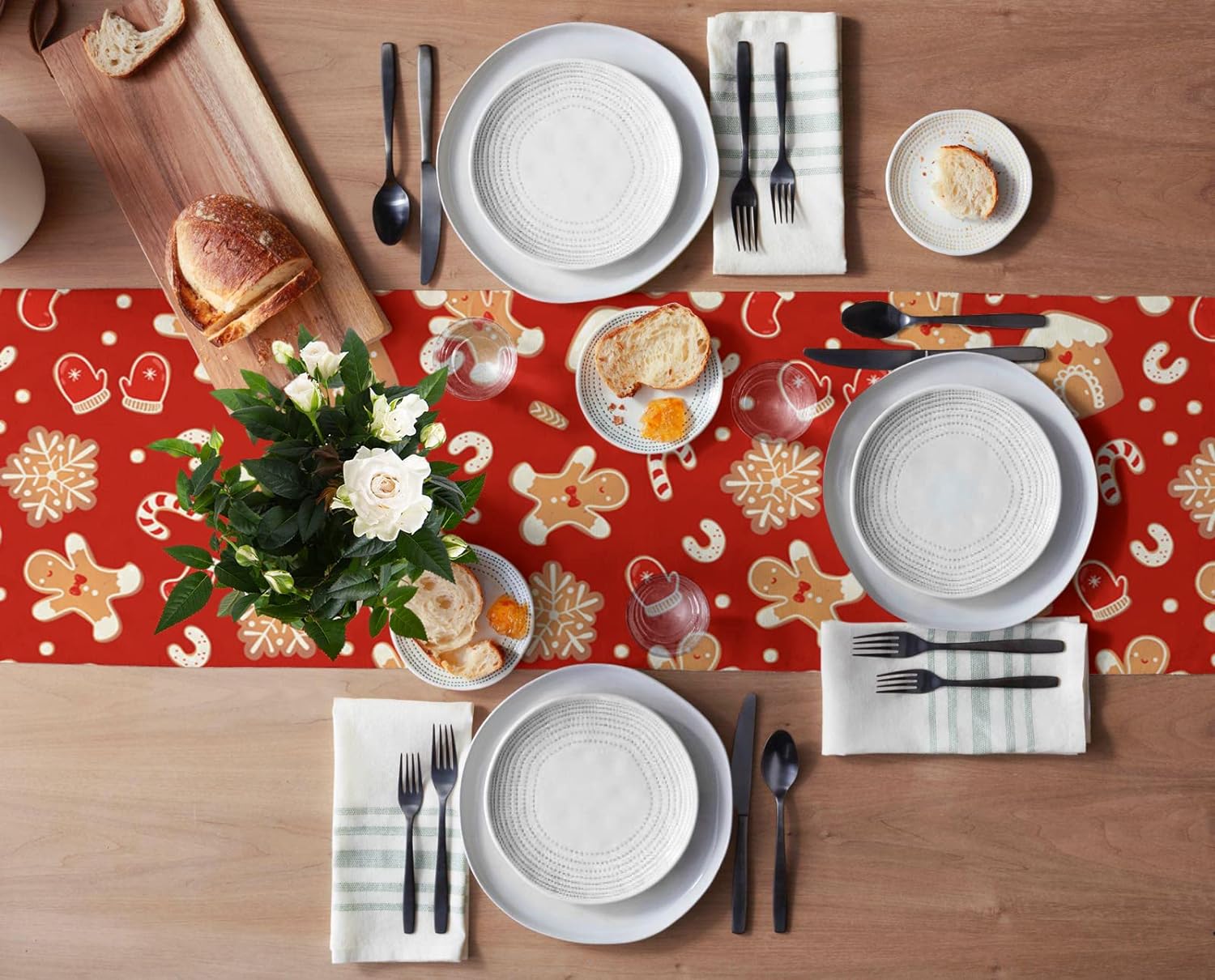 Description Picture 4 of itemChristmas Gingerbread Man Linen Table Runners Dresser Scarves Table Decor Winter Xmas Dining Table Runners Christmas Decorations