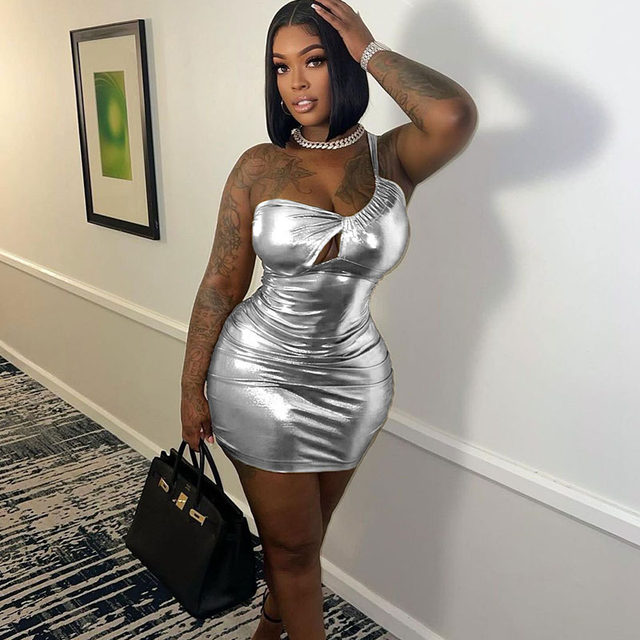 Gold Silver Metallic One Shoulder Bodycon Dress for Women 2023 Ruched Sexy  Bandage Mini Dress Night Club Short Party Dresses - AliExpress