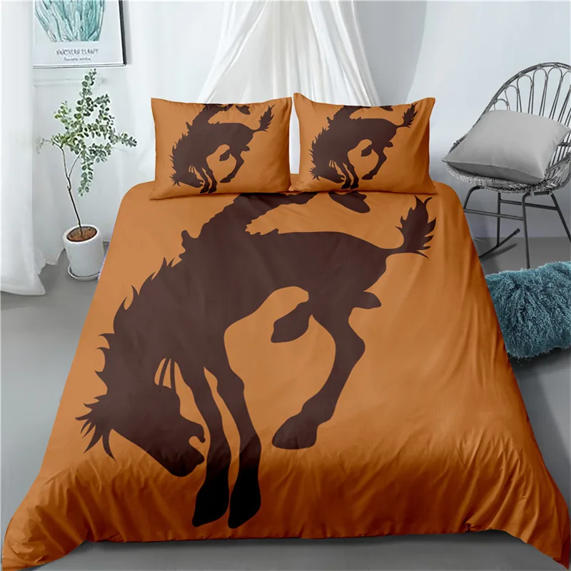 Horse Duvet Cover Vintage Rodeo Cowboy Riding Bull Wooden Old Sign Western Style Wilderness at Sunset Image Bedding Set For Boys