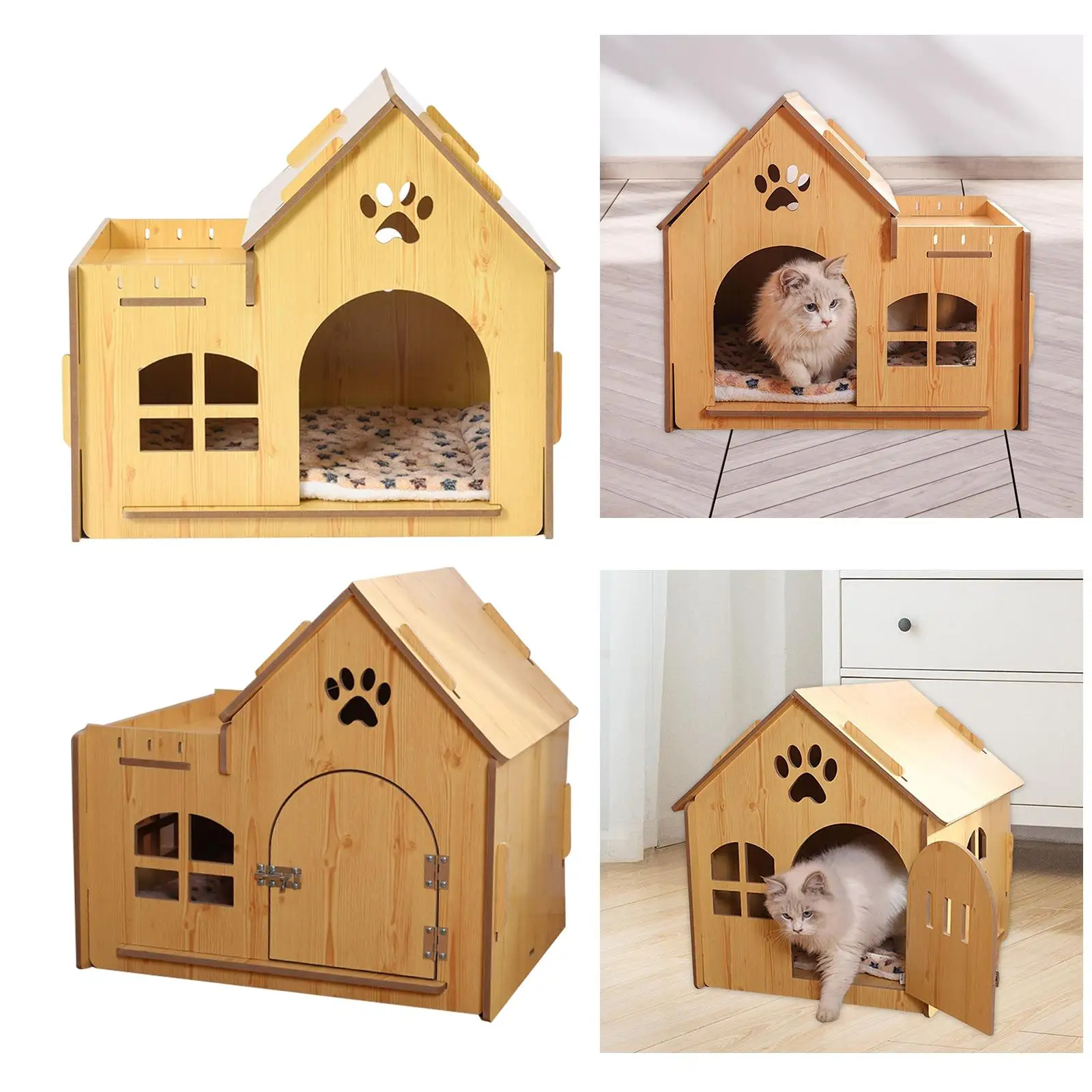 Wooden  House Cat shelters outdoor and Indoor with Warm Cushion Decoration Recyclable Material Sturdy Windproof Durable