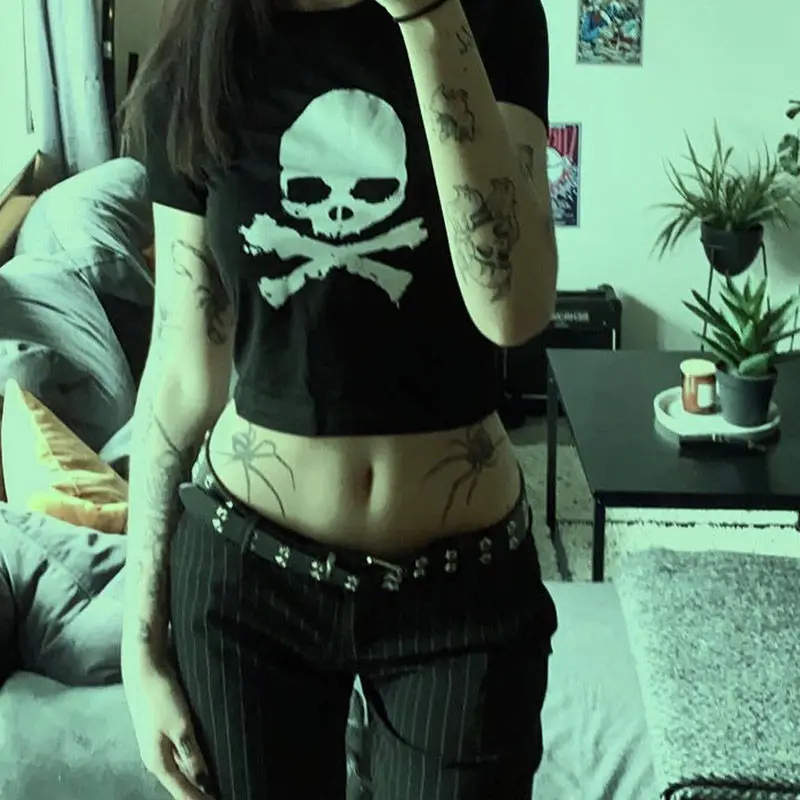 Gothic Skull Print T-shirt E-girl Dark Academia Baby Tees Punk Hip Hop Harajuku Grunge Short Sleeve Crop Top Vintage Clothes