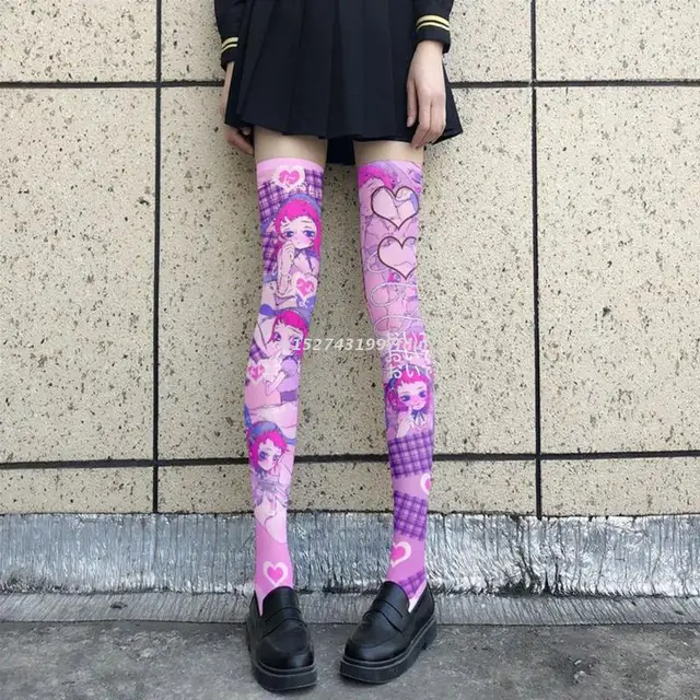 Japanese Women Lolita Thigh High Stockings Sweet Kawaii Anime Maid Bunny  Girl Heart Print Cosplay Over Knee Long Socks