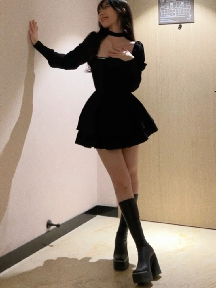 Black Vintage 3 Piece Skirt Set Women Sexy Lolita Y2k Mini Skirt Suit Female Casual Korean Fashion Long Sleeve Retro Set 2023