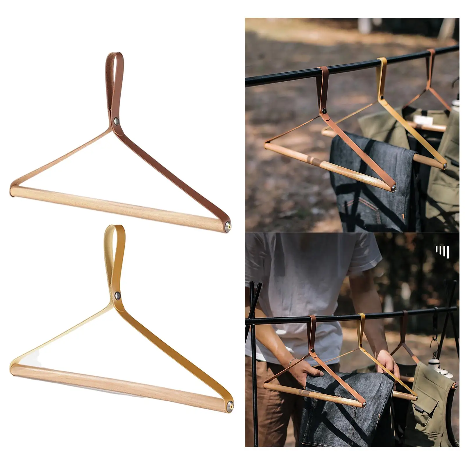 Wooden Folding Hanger Clothing Drying Rack Coat Hanger Lightweight Foldable PU Leather Hanger for Camping Indoor Outdoor Travel