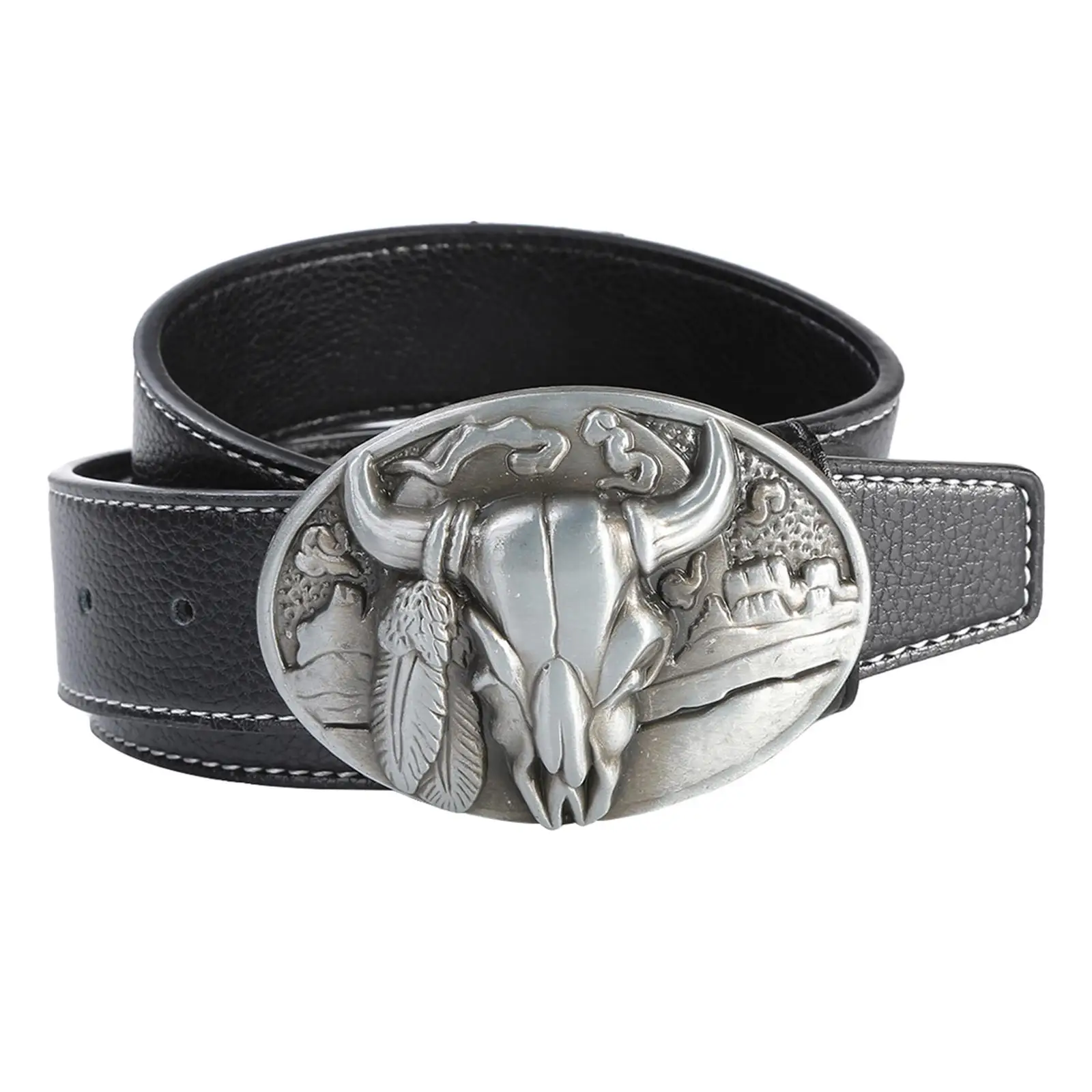 Men`s Faux Leather Belt Adjustable Bull Head Belt Buckle Waist Belt Wild West  Leather Belt for Trousers Pants Accessories