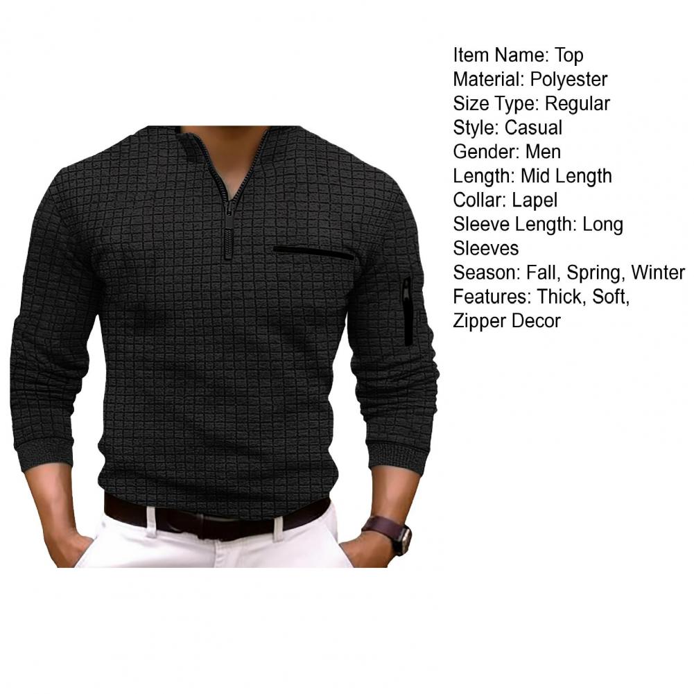 Description Picture 3 of itemLoose Shirt Stylish Men's Waffle Texture Pullover Zipper Lapel Collar Soft Warm Long Sleeve Shirt for Spring Fall Solid Color