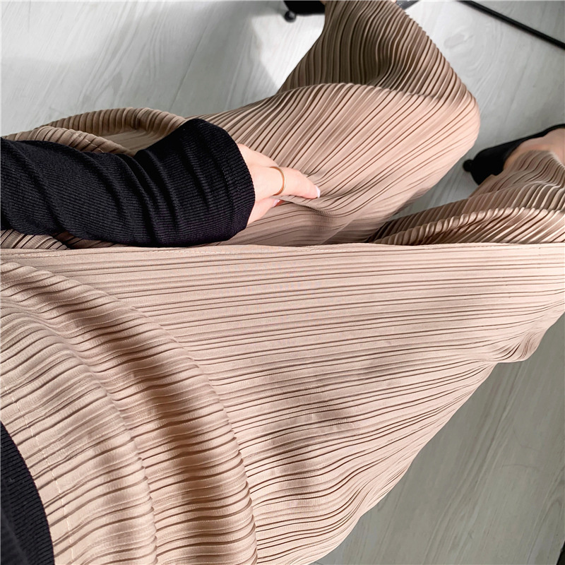 ALSEY Miyake Pleated Wide Leg Ankle-length Pants for Women Autumn New Simple Elastic Waist Solid Color Straight Female Trsouser