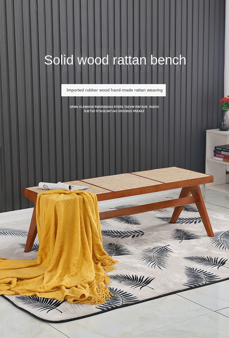 Description Picture 2 of itemWalnut Color Shoes Stool Nordic Solid Wood Rattan Woven Long Chair Living Room Furniture Home Porch Rectangle Retro Small Bench