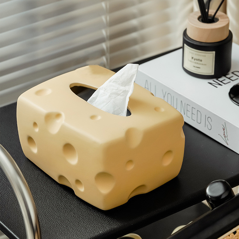 Ceramic Tissue Box Cartoon Cheese Shape Paper Towel Holder Napkin Holder Desktop Storage Box Perforated Cheese Ornament