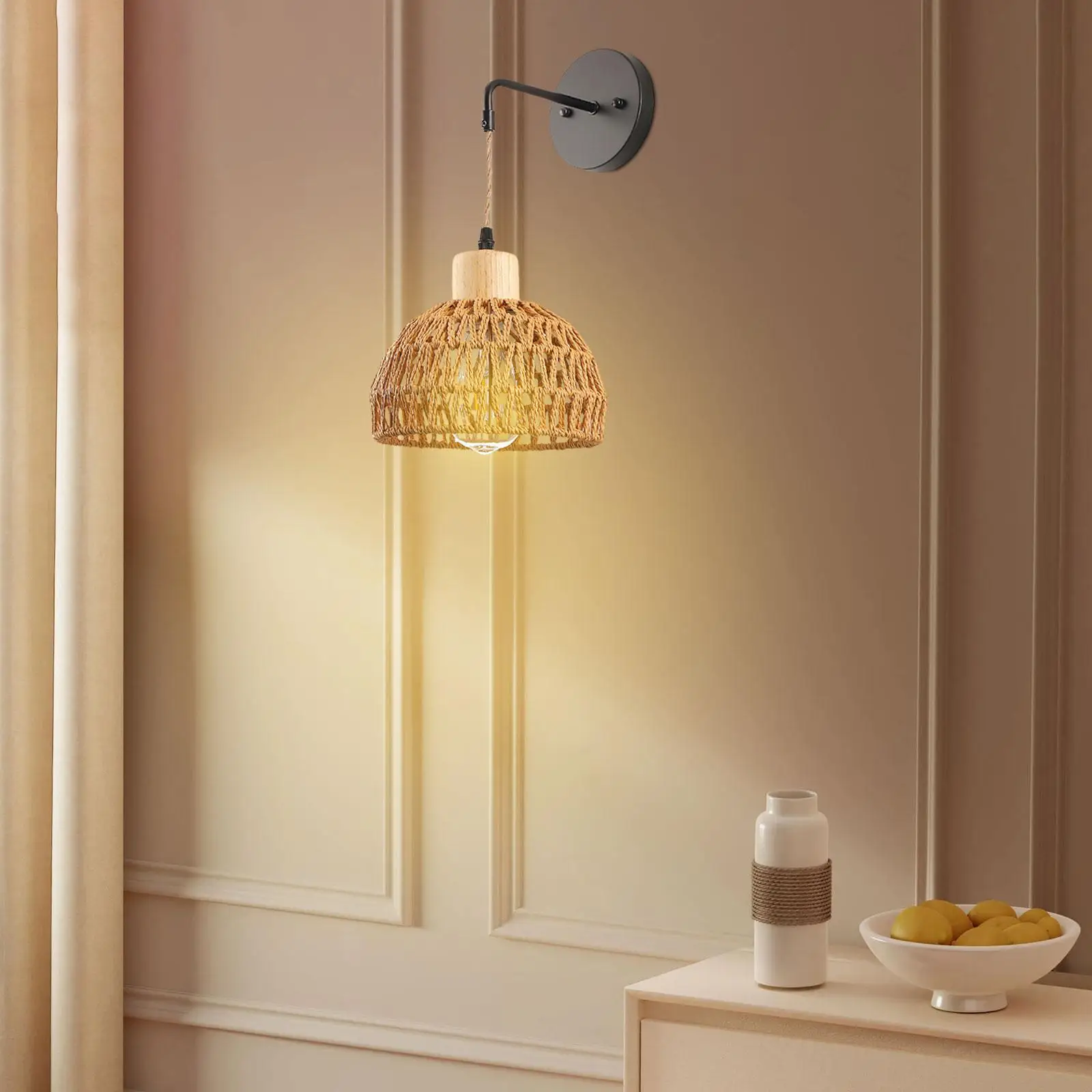 Hand Woven Wall Light Handmade Shade E26/E27 Base Rustic Wall Sconce Bedside Lamp for Entry Hallway Bedroom Kitchen Decoration