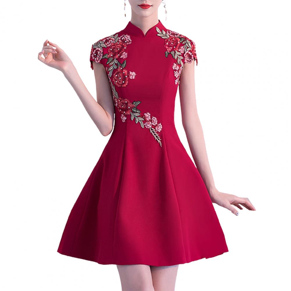 novas mulheres cheongsam vestido estilo chinês meia gola alta cintura acima do joelho comprimento temperamento vestido chinês para banquete