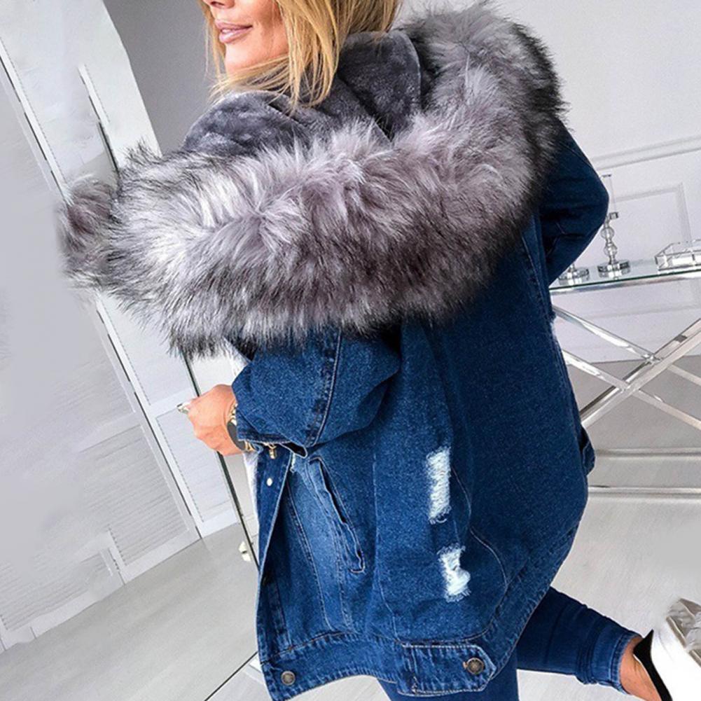 nova moda inverno feminino manga longa engrossar pele do falso capa de pelúcia quente grande tamanho jaqueta rasgado botões denim casaco outwear