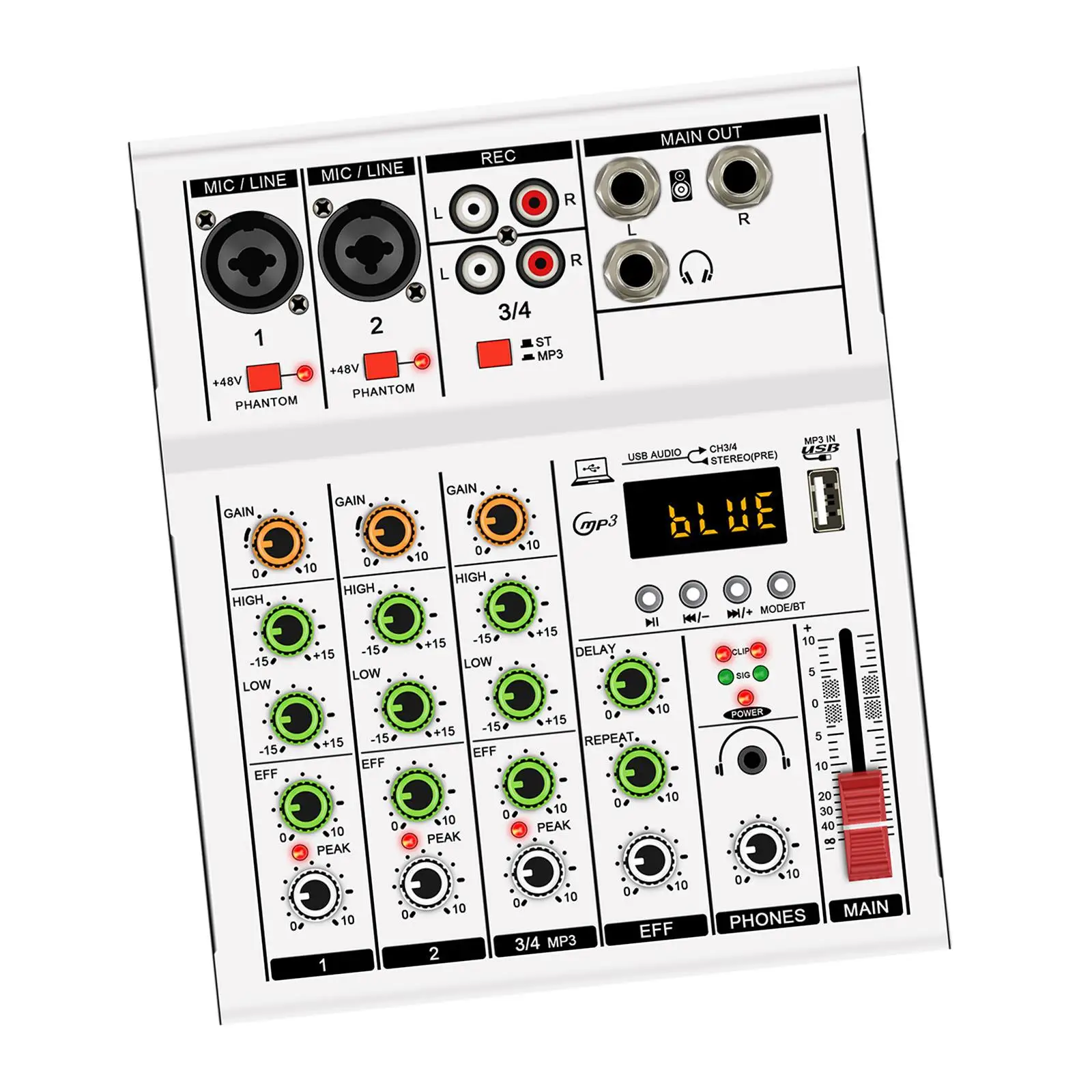 Audio Mixer 4 Channel Reverb Sound Controller for Recording Broadcast Stage