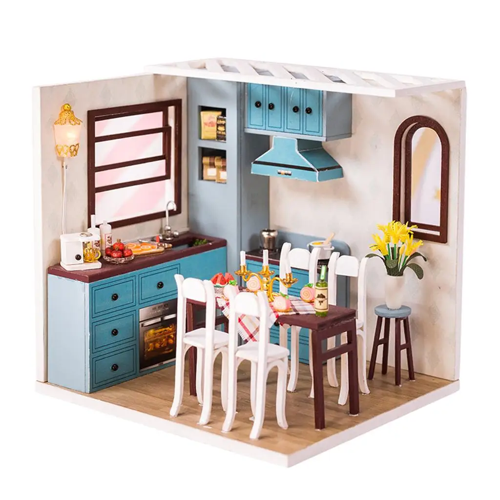  Wooden Miniature Furniture Mini Kitchen with Cover & Lights,