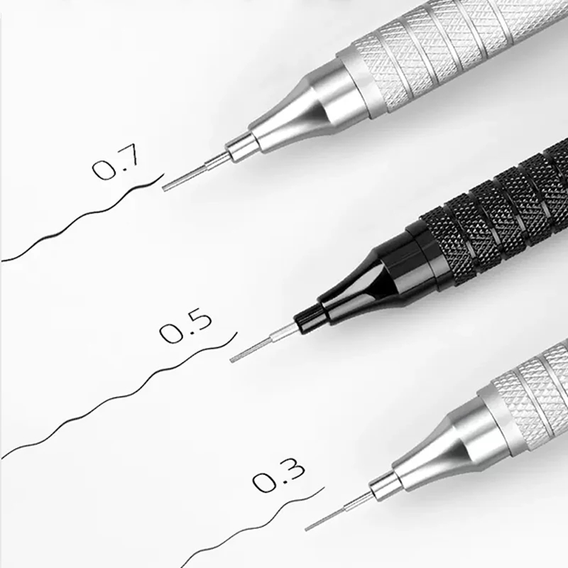 0,3 0,5 0,7 2,0 mm Kunstzeichnung Automatische Bleistifte Niedriger Schwerpunkt Einziehbare Spitze Metall Druckbleistift mit Geschenkbox-Set – Detail 2