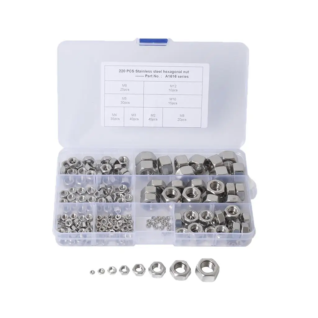 220-Piece Stainless  Nut assortment set, Size Include: M2 4 M5 M6 10 M12 (Lock Nuts)