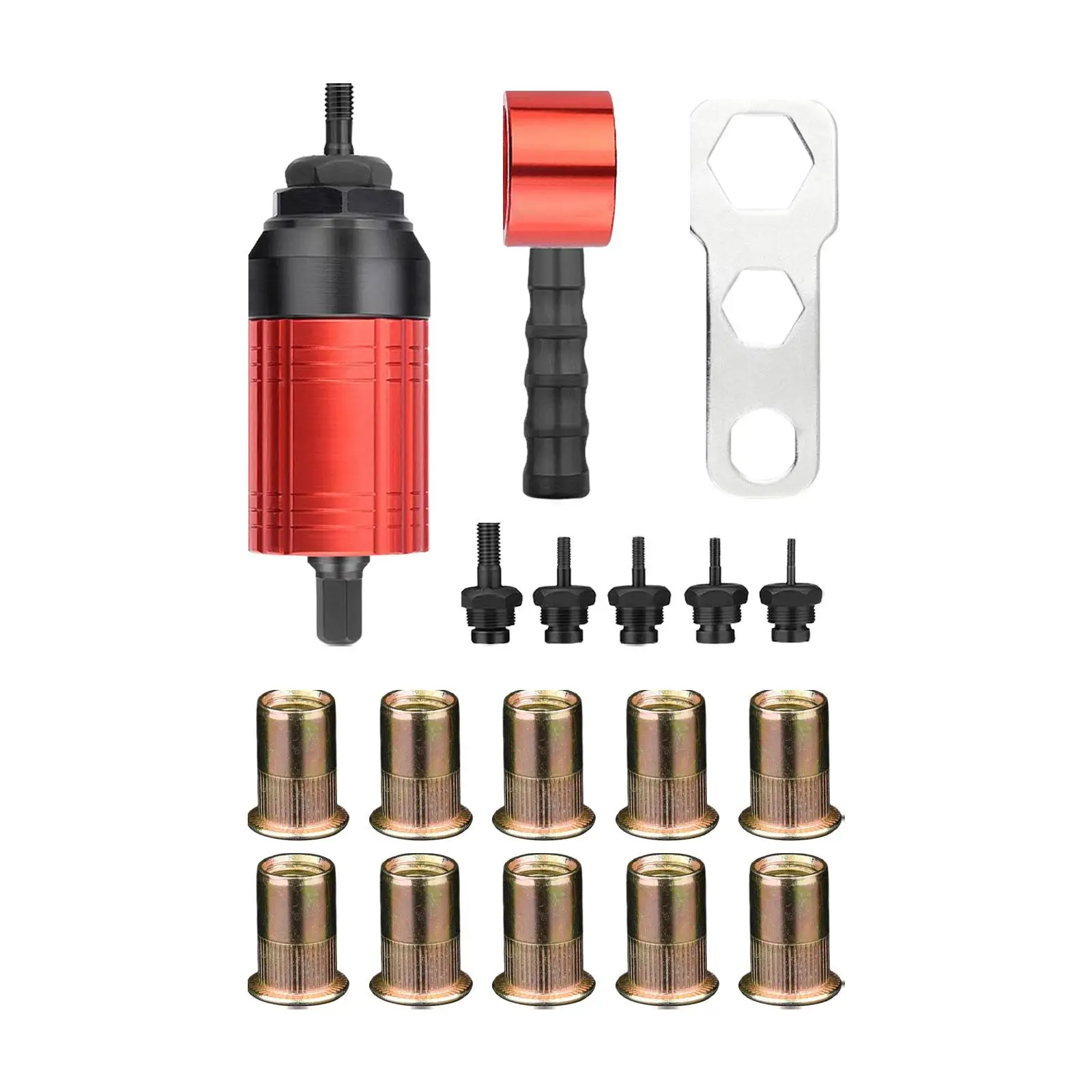 Rivet Nut Drill Adaptor Attachment Riveting Kits with 10 Rivet Nuts Ergonomic Handle Threaded Insert for Ship Repair Furniture