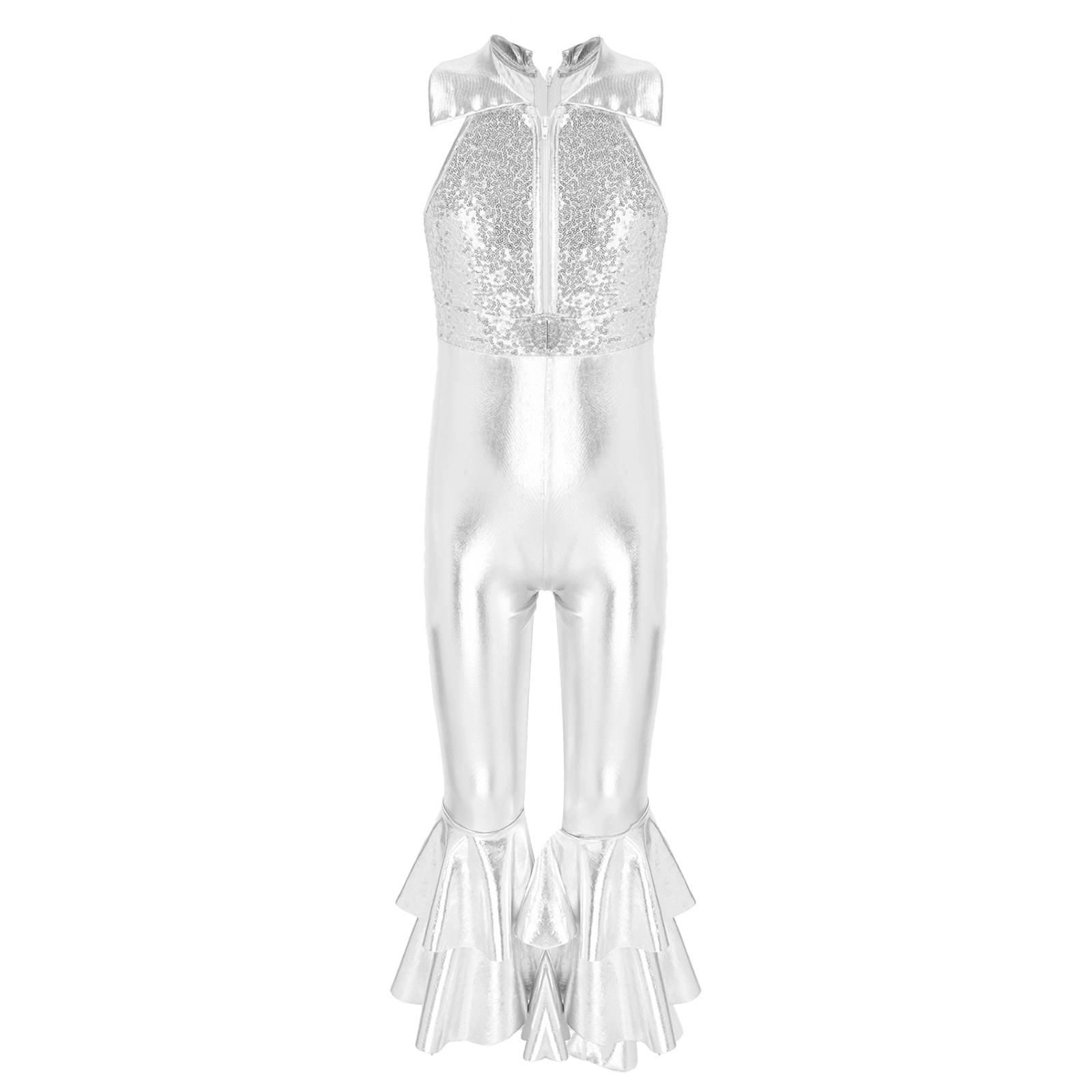 Kinder Mädchen Pailletten Ballett Gymnastik Trikot Vintage Party Hippie Kostüm Disco Diva Tanz Leistung Overall Glocken boden – Detail 4