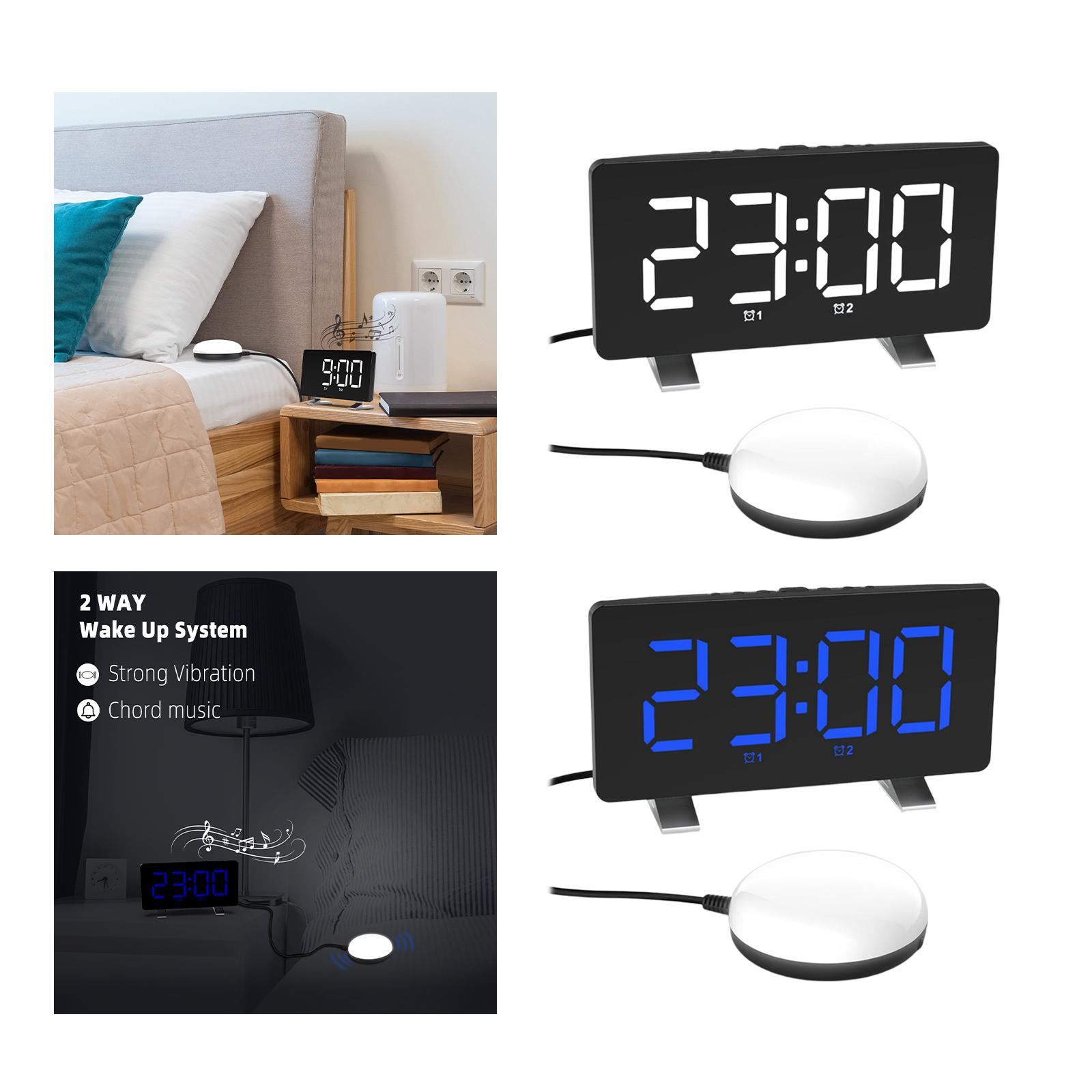 Clock LED Desk Mirror Alarm Clocks Snooze USB Charger Ports Vibrator Clock Night Light with Bed Shaker for Deaf Adults Kids