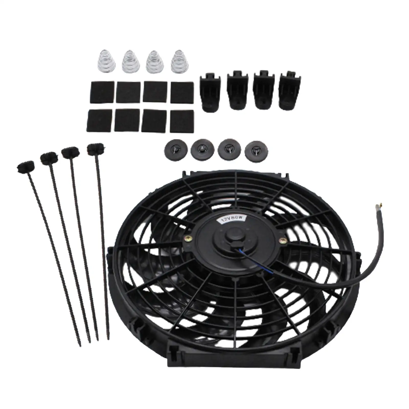 Electric Radiator Cooling Fan 12V 80W Wide Curved 10 Blades Mount Kit Push Pull Engine Cooling Device 12`` Slim Fan for Van