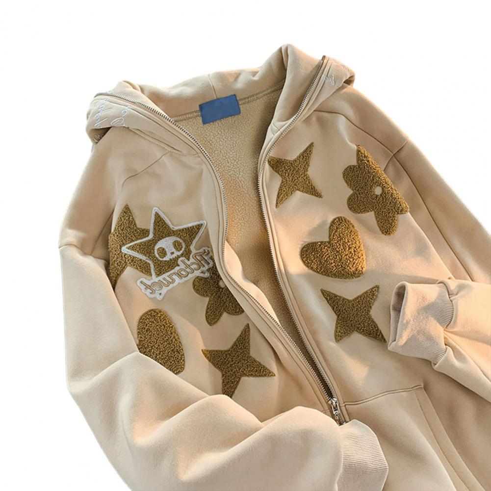 Zip Hoodie Women | New Style Cute Cartoon Beige Fleece Hoodie Women