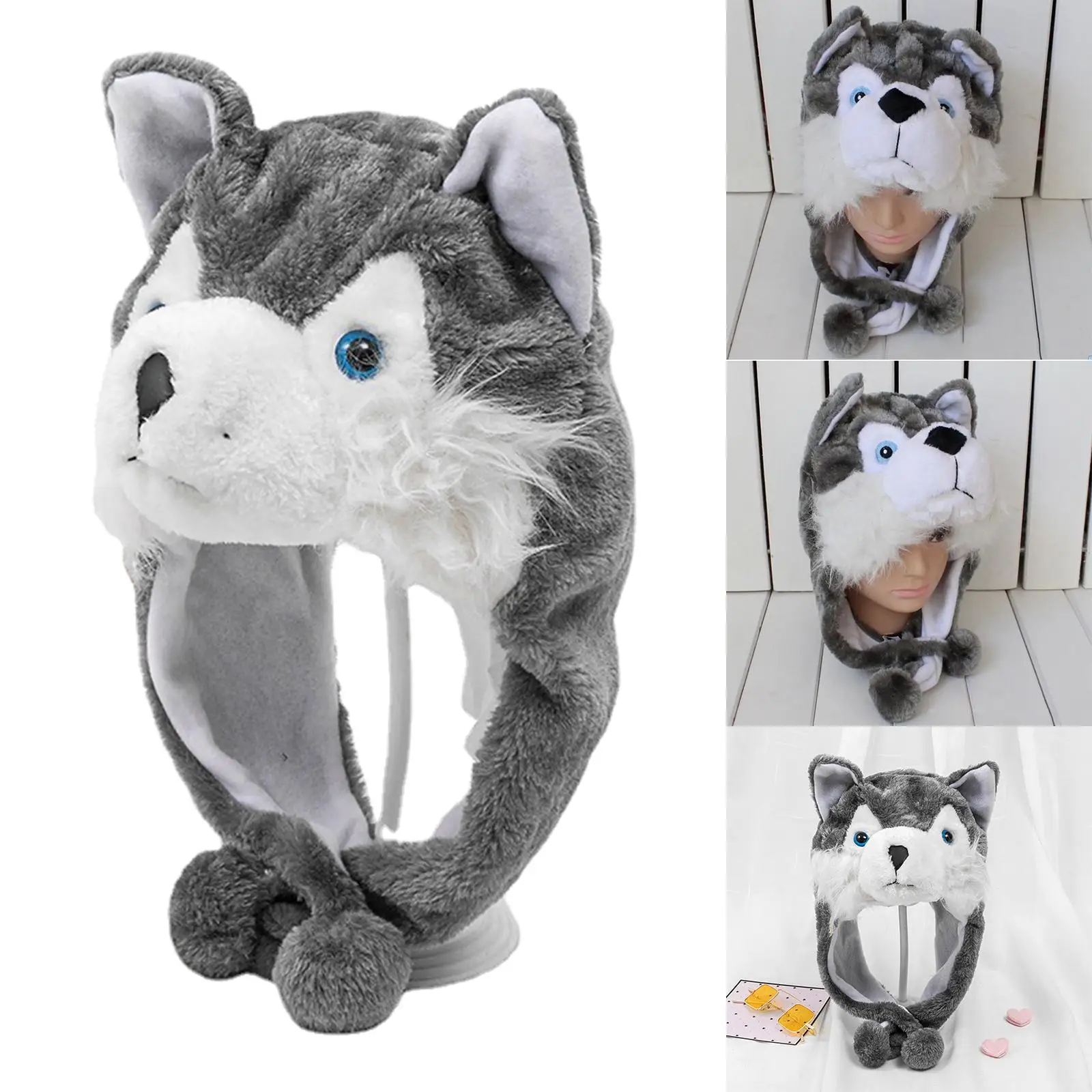 Cute Husky Beanie Warm Headgear Fancy Dress Costume Plush Animal Winter Hat for Photo Prop Unisex Kids Clothing Cosplay Holiday