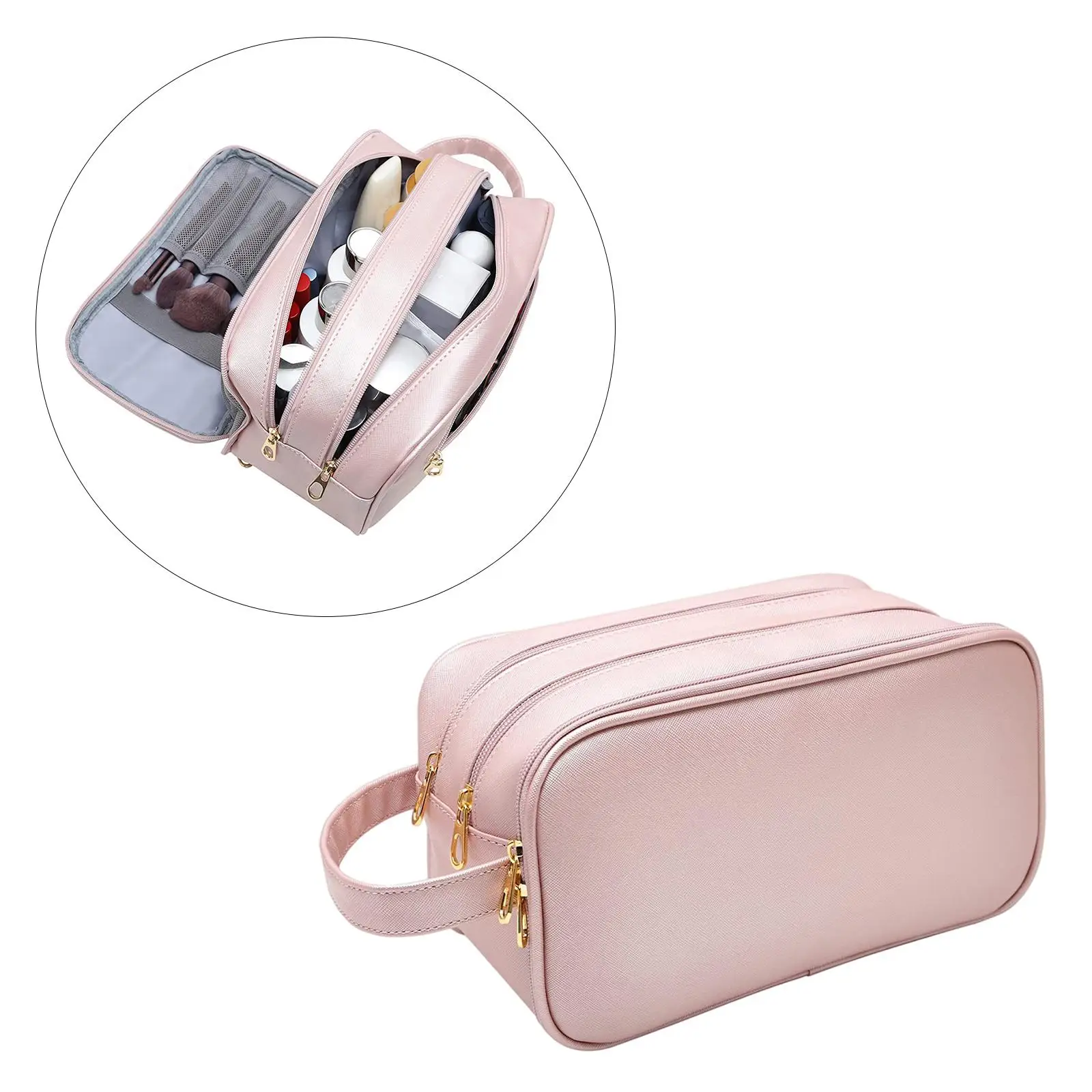 Water Resistant PU Leather Toiletry Bag Dorm Essentials Travel Makeup Bag for Accessories Business for Women Men Bathroom Pink