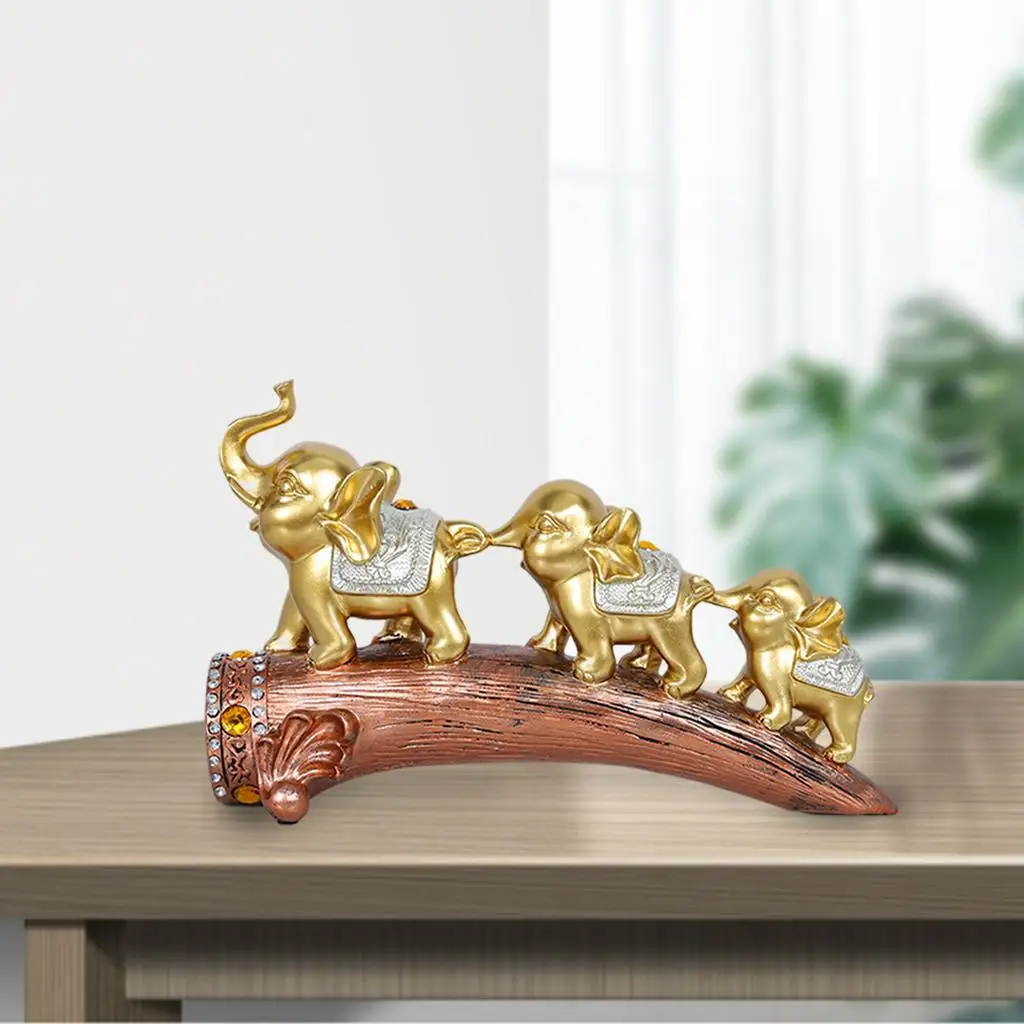 Three Elephant Sculpture Animal Statue Figurines Golden Resin for Bedroom