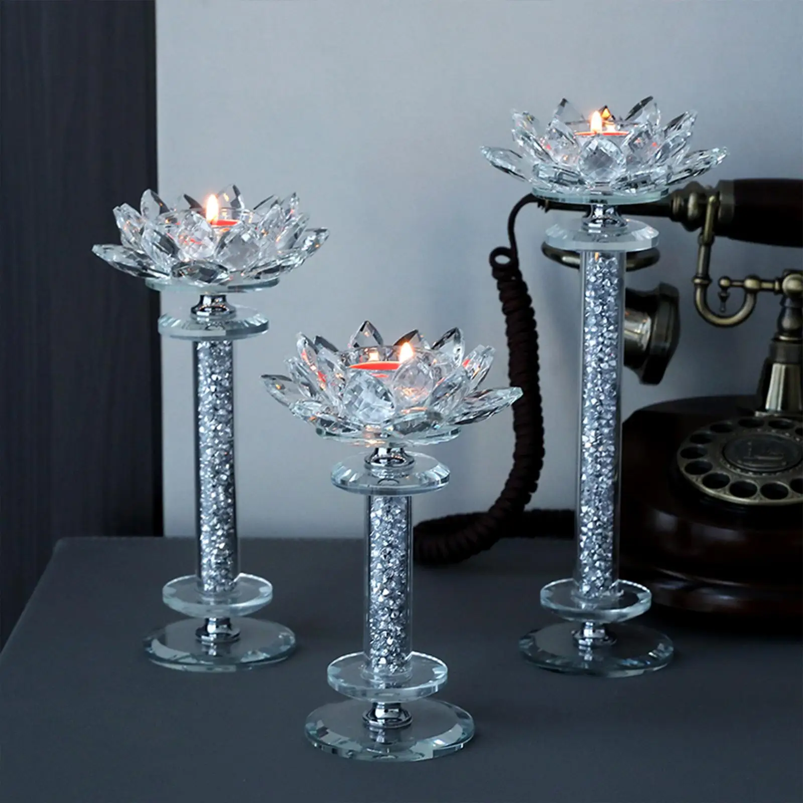 3 Pieces Clear Glass Lotus Flower Candle Holder Pillar Candlestick Romantic Tea Light Holders for Tabletop Dining Room Decor