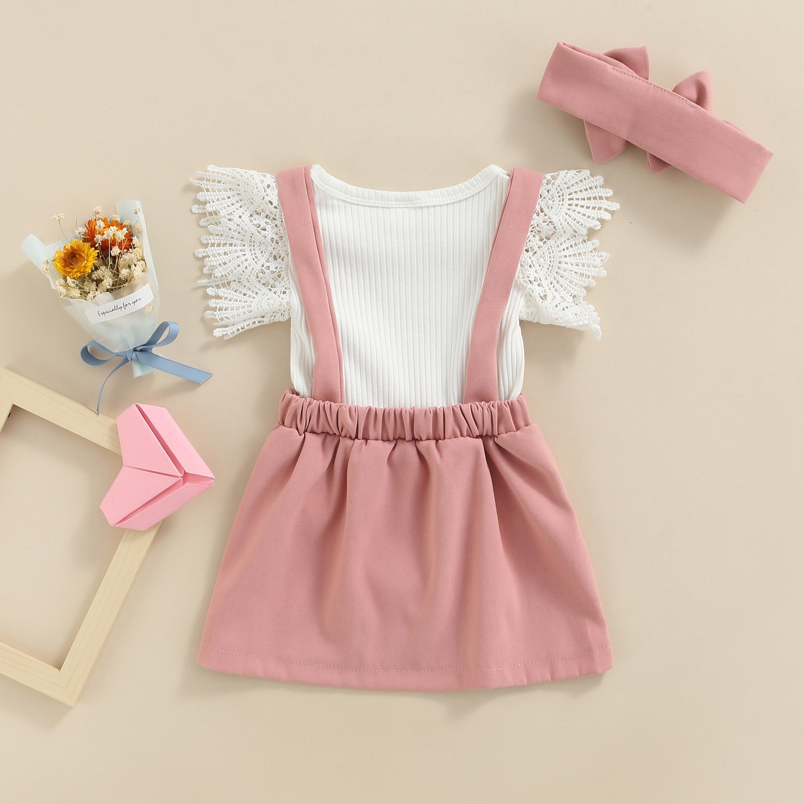 Infant Baby Mädchen Sommer Outfit Sets Weiß Fliegen Sleeve Rippen Romper + Einfarbig Hosenträger Rock + Stirnband – Detail 4